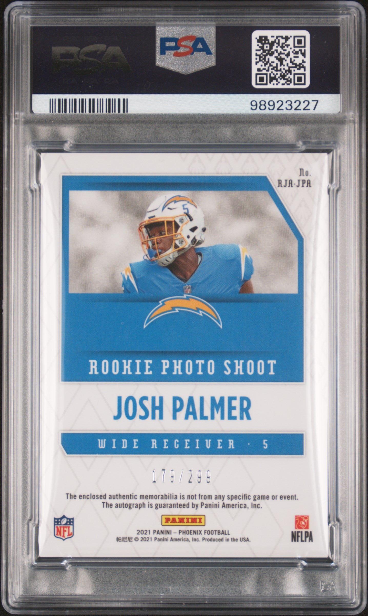 2021 Panini Phoenix Rps Rookie Auto Jersey #JPA Josh Palmer  PSA 9