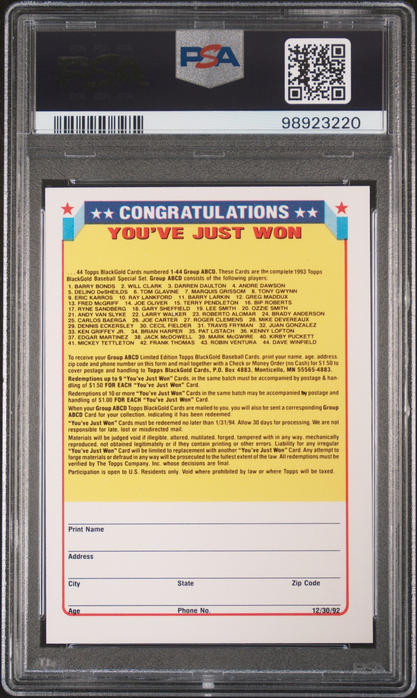 1993 Topps Black Gold Winner A/B/C/D Redemption Card PSA 9