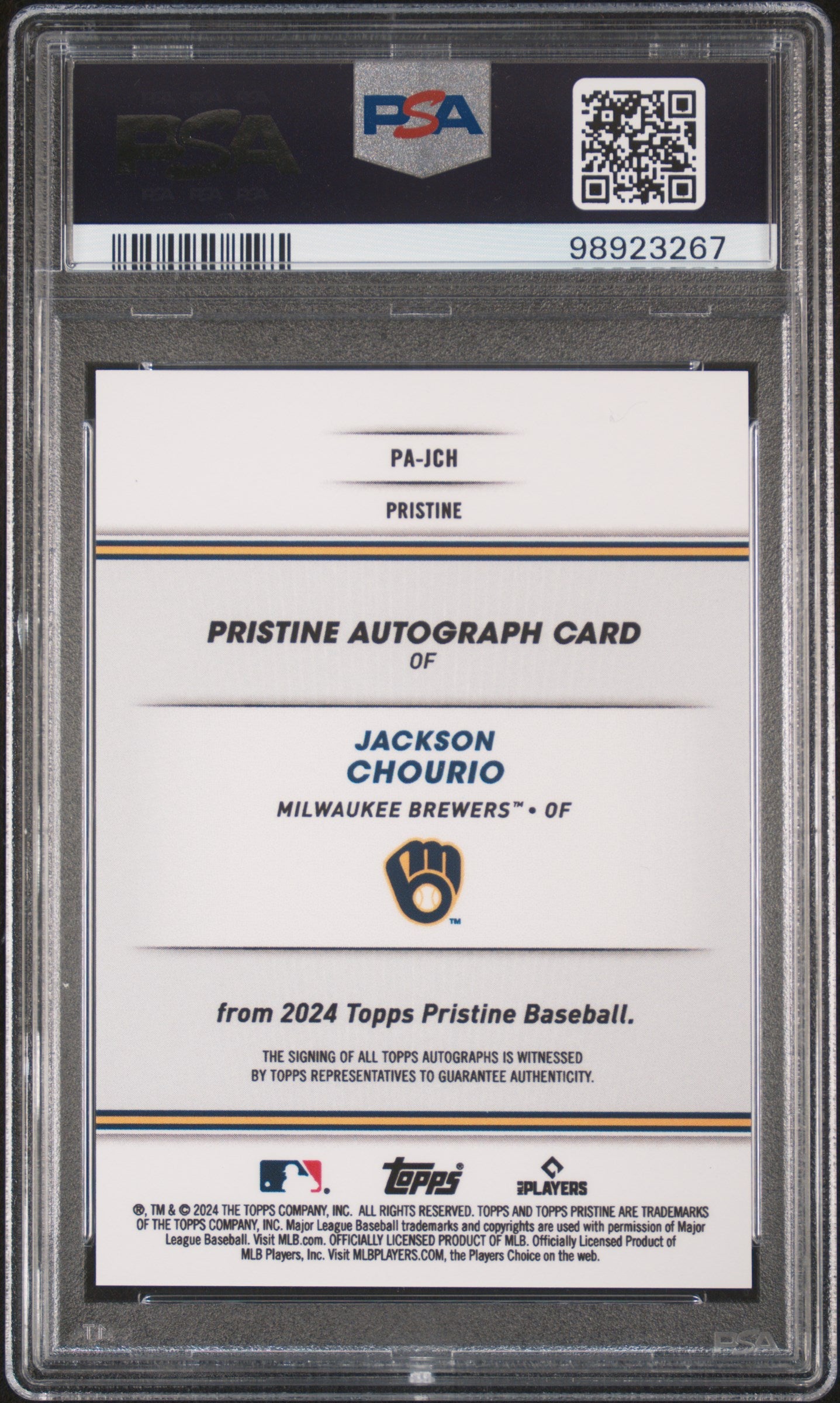 2024 Topps Pristine Auto #PAJCH Jackson Chourio Autograph-Purple/99 PSA 10