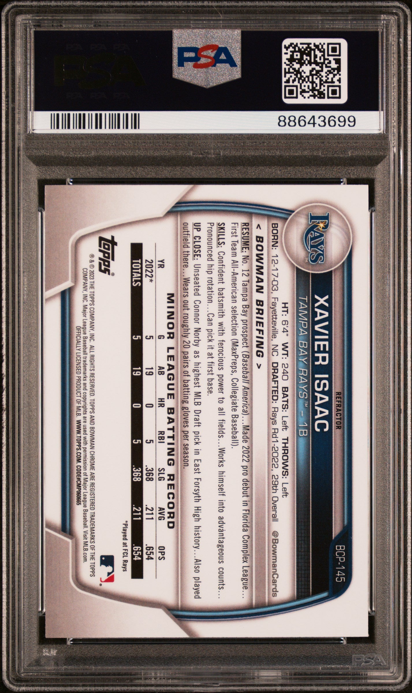 2023 Bowman Chrome Prospects #BCP145 Xavier Isaac Chr Pros-Lunar Glow Ref PSA 10