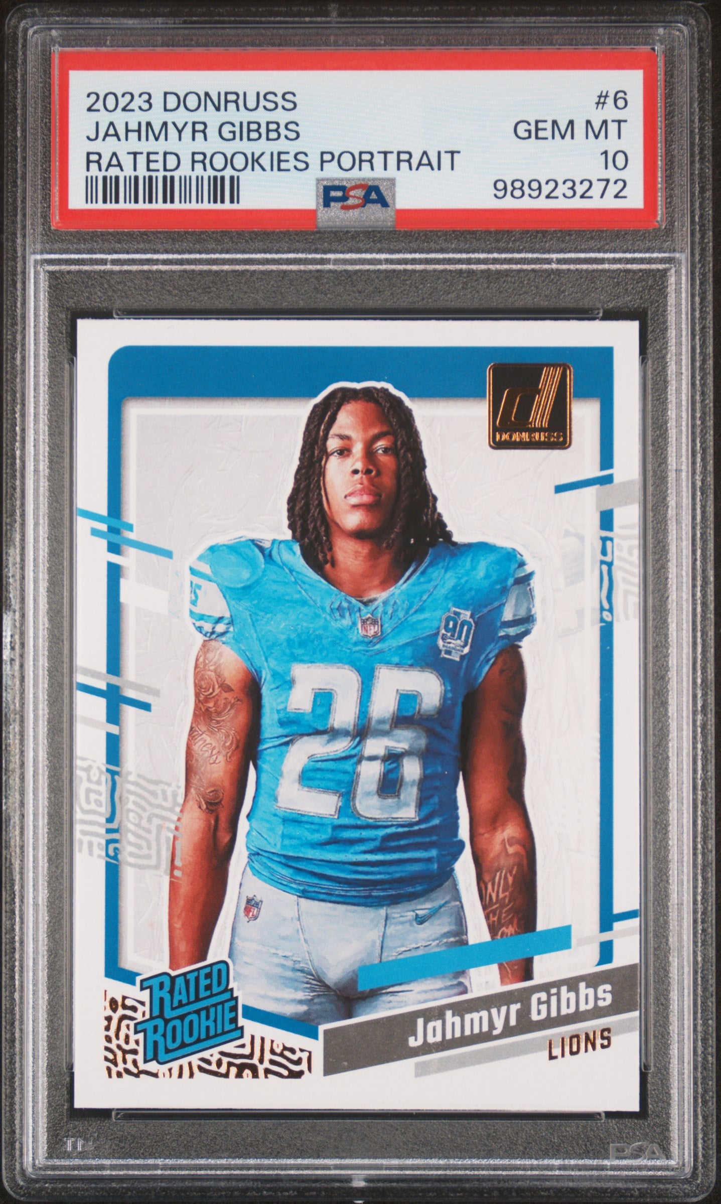 2023 Panini Donruss Rated Rookies Portrait #6 Jahmyr Gibbs PSA 10