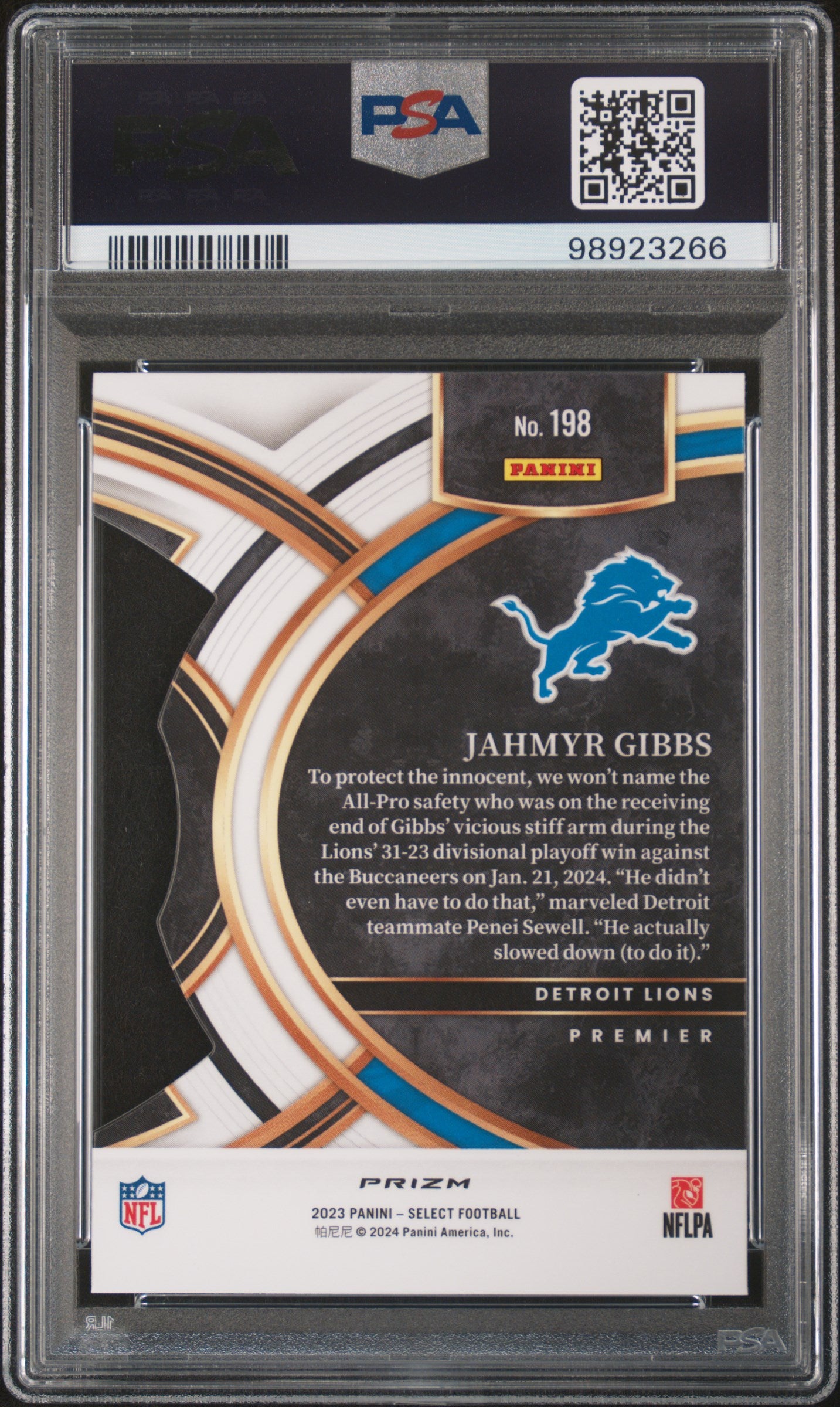 2023 Panini Select #198 Jahmyr Gibbs Die-Cut Zebra Prizm PSA 9