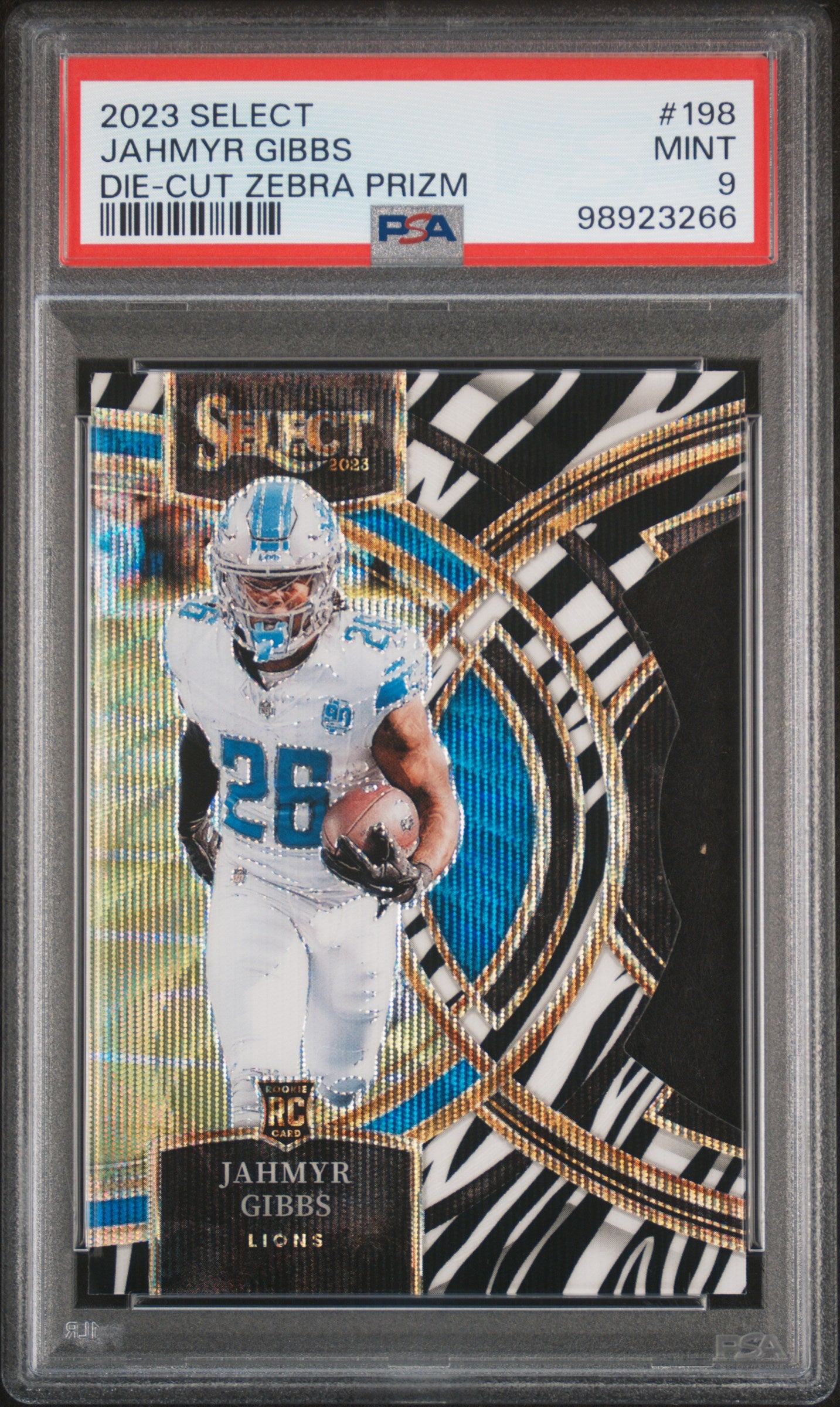 2023 Panini Select #198 Jahmyr Gibbs Die-Cut Zebra Prizm PSA 9