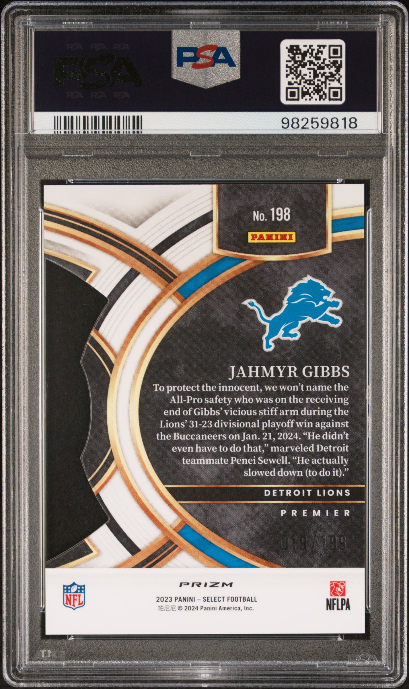2023 Panini Select #198 Jahmyr Gibbs Die-Cut White Prizm/199 PSA 9