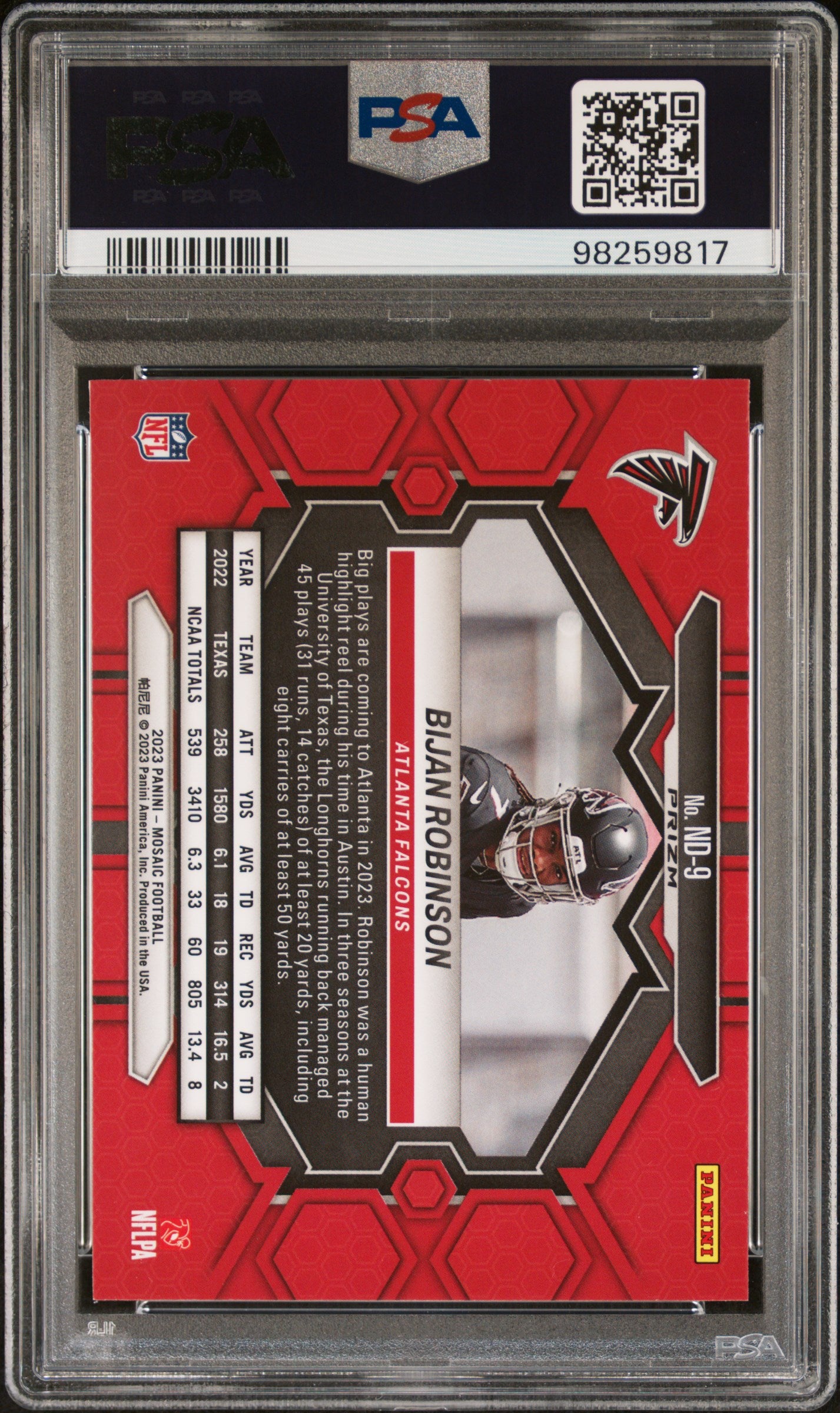 2023 Panini Mosaic Nfl Debut #ND9 Bijan Robinson Nfl Debut-Camo Pink PSA 9