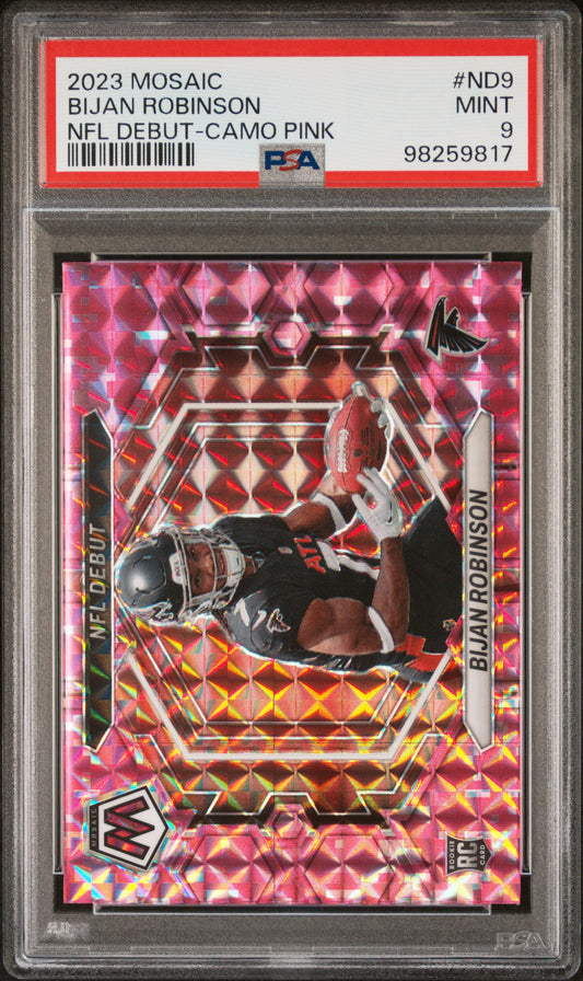 2023 Panini Mosaic Nfl Debut #ND9 Bijan Robinson Nfl Debut-Camo Pink PSA 9