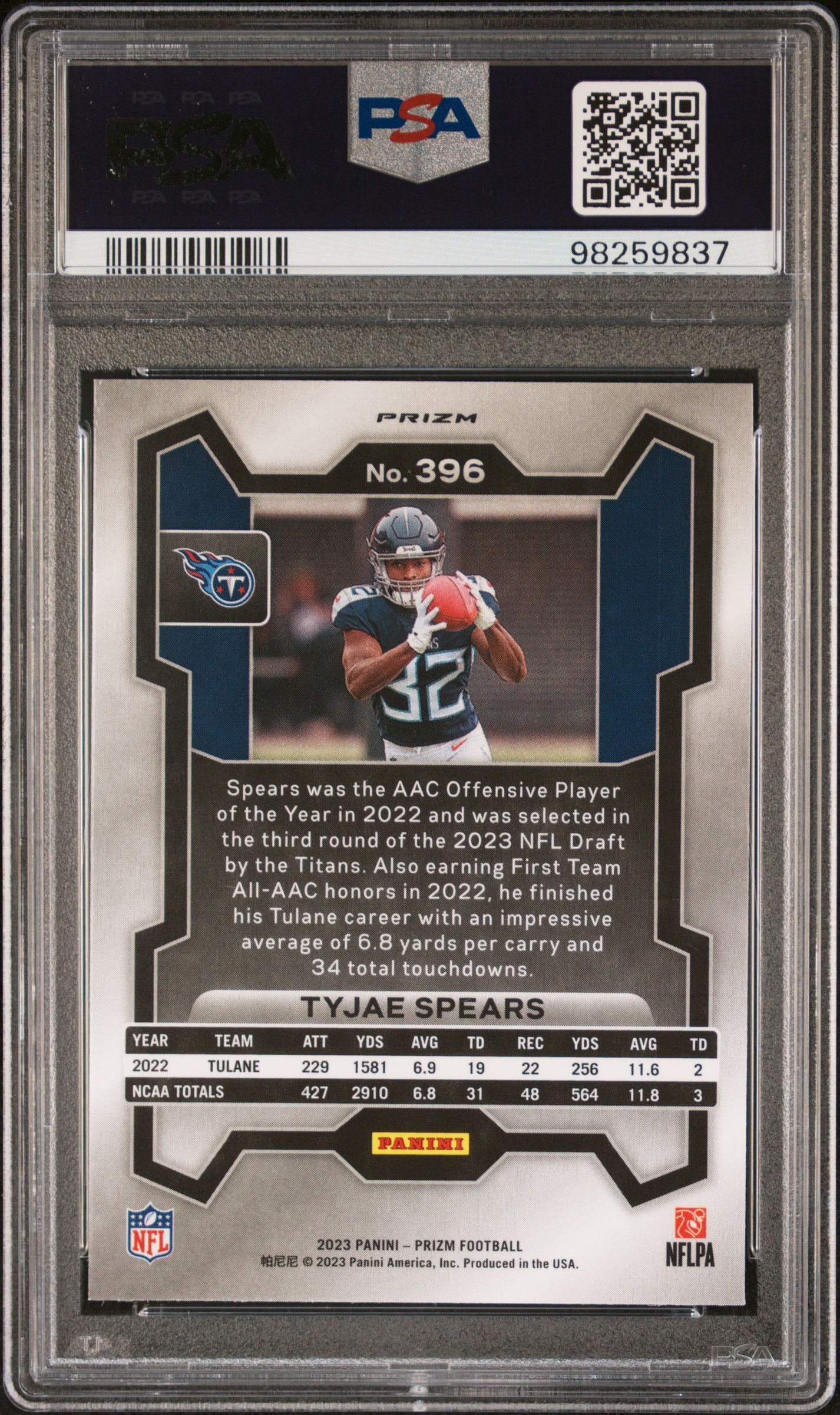 2023 Panini Prizm #396 Tyjae Spears Silver Prizm PSA 9