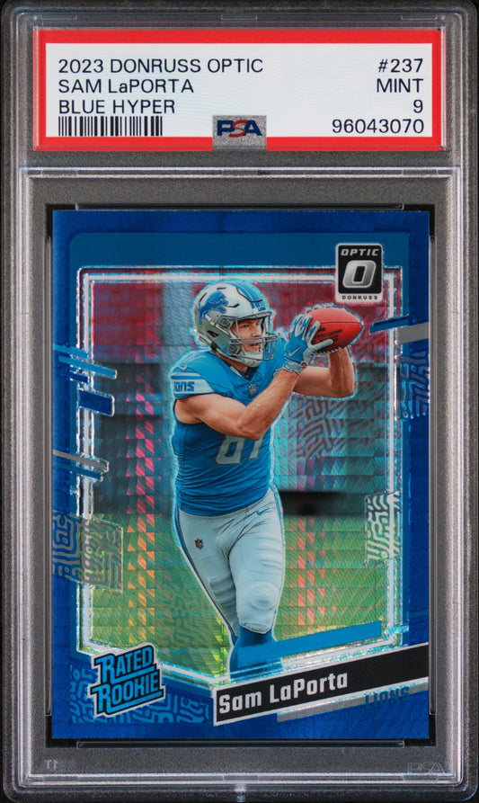 2023 Panini Donruss Optic #237 Sam Laporta Blue Hyper PSA 9