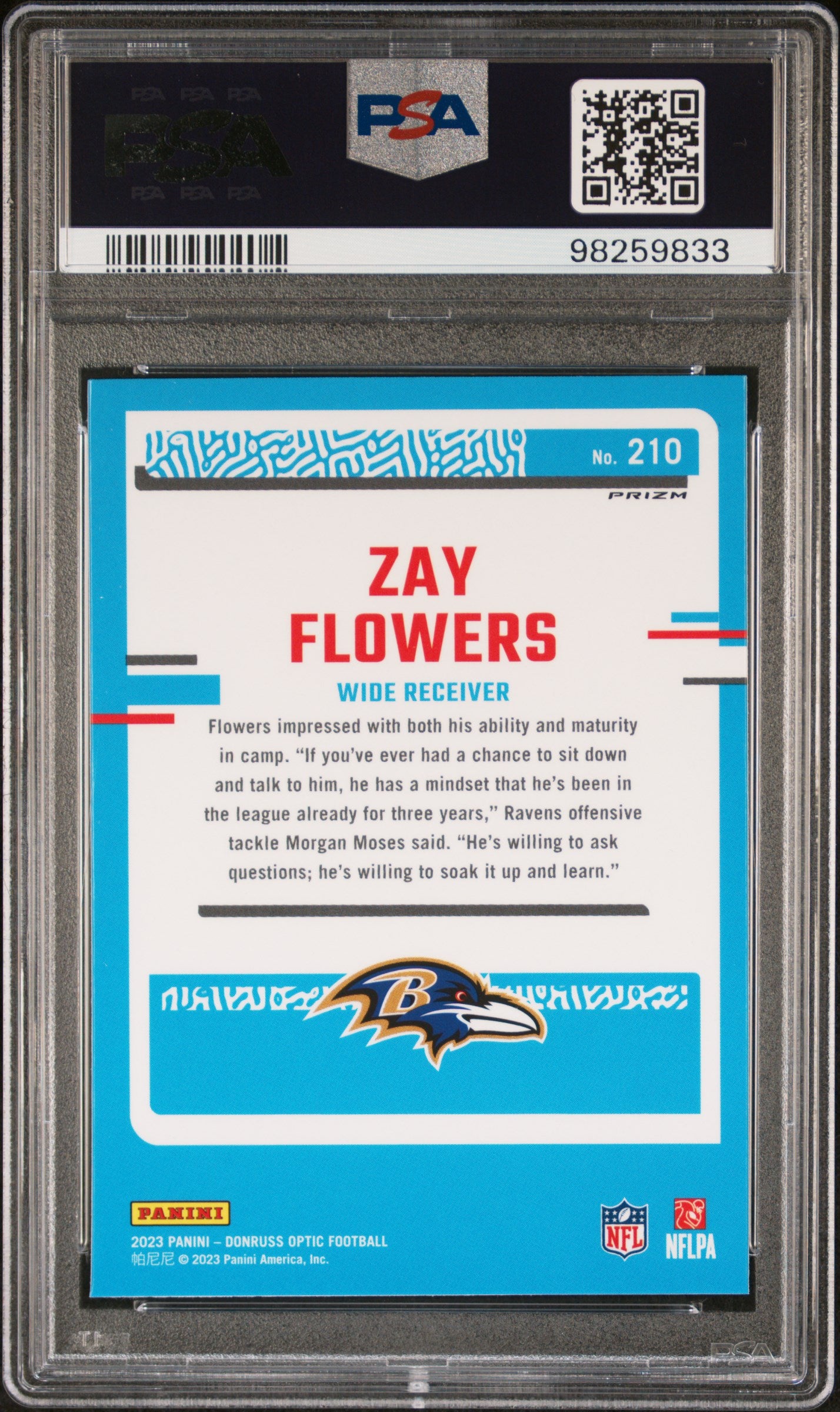 2023 Panini Donruss Optic #210 Zay Flowers Blue Hyper PSA 9