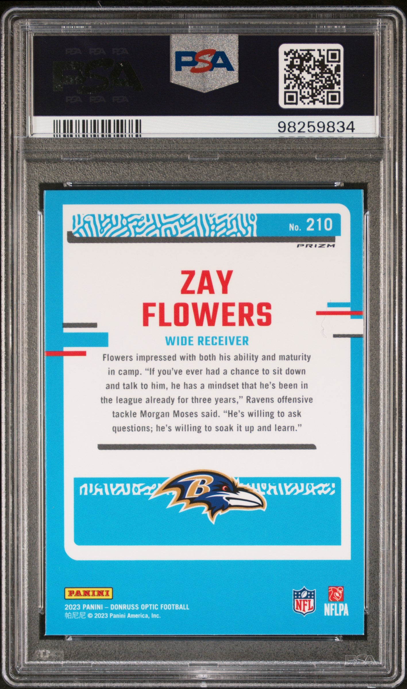 2023 Panini Donruss Optic #210 Zay Flowers Purple Shock PSA 9