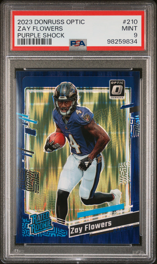2023 Panini Donruss Optic #210 Zay Flowers Purple Shock PSA 9