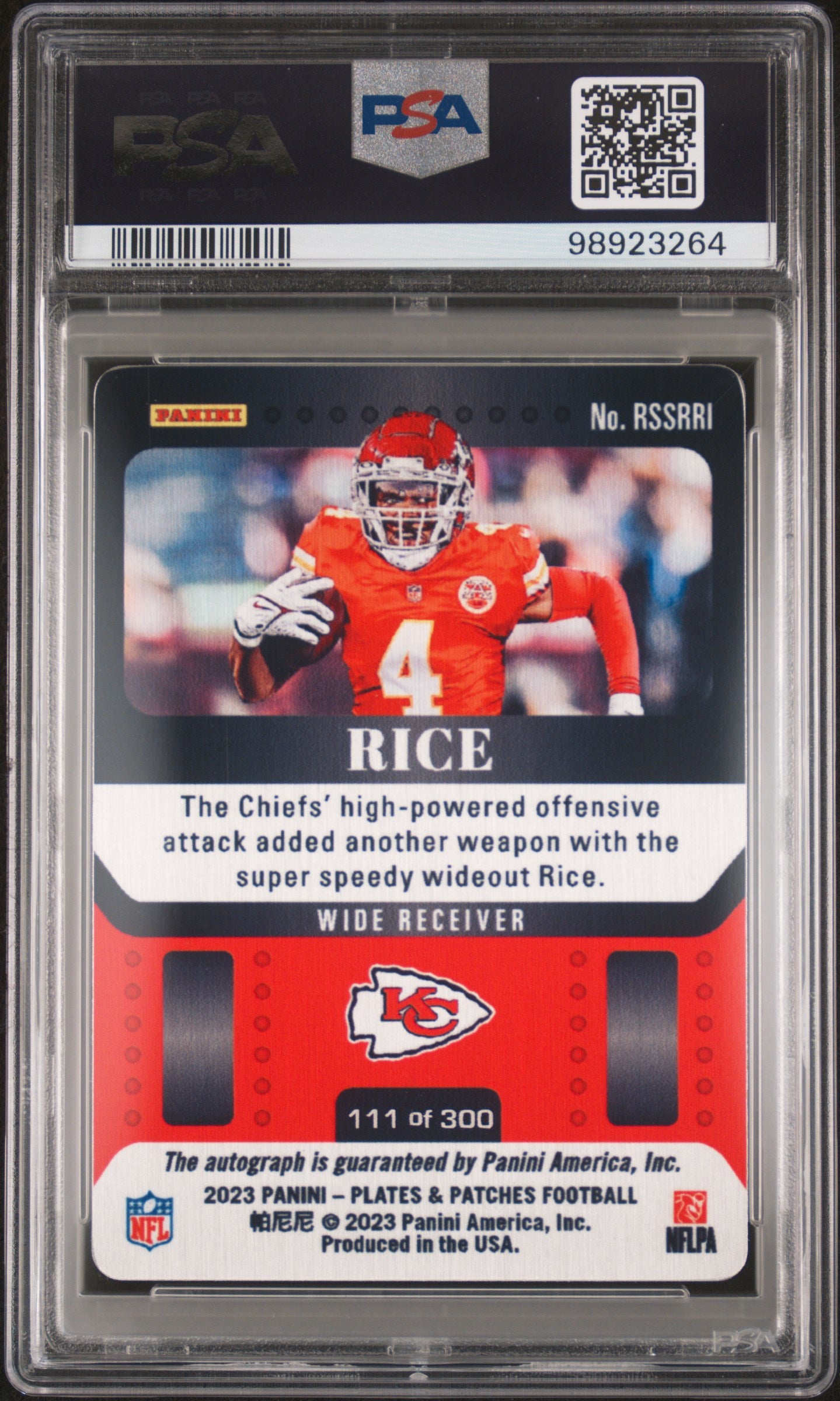 2023 Panini Plates & Patches Rookie Steel Signatures #RSSRRI Rashee Rice PSA 9
