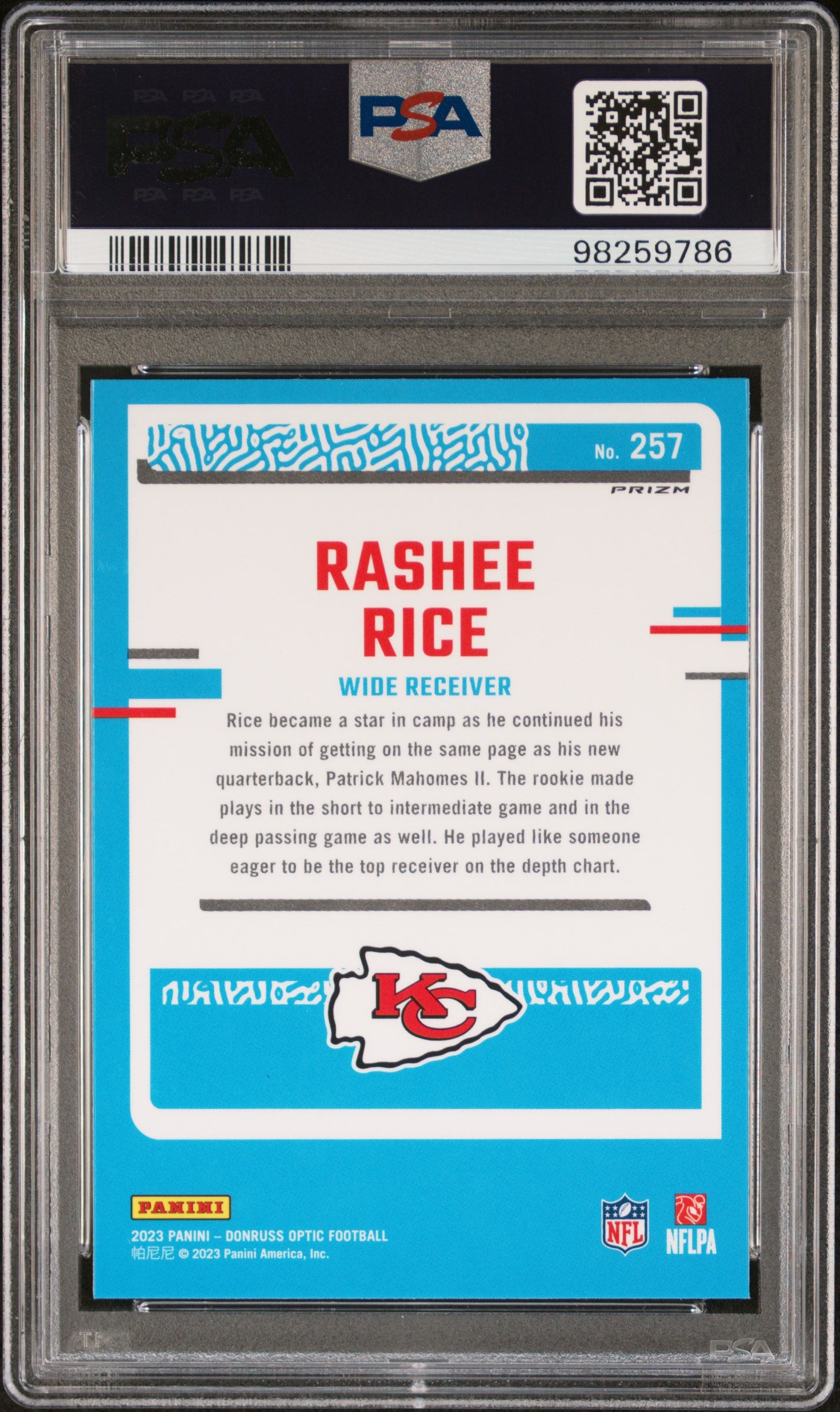 2023 Panini Donruss Optic #257 Rashee Rice Purple Shock PSA 9