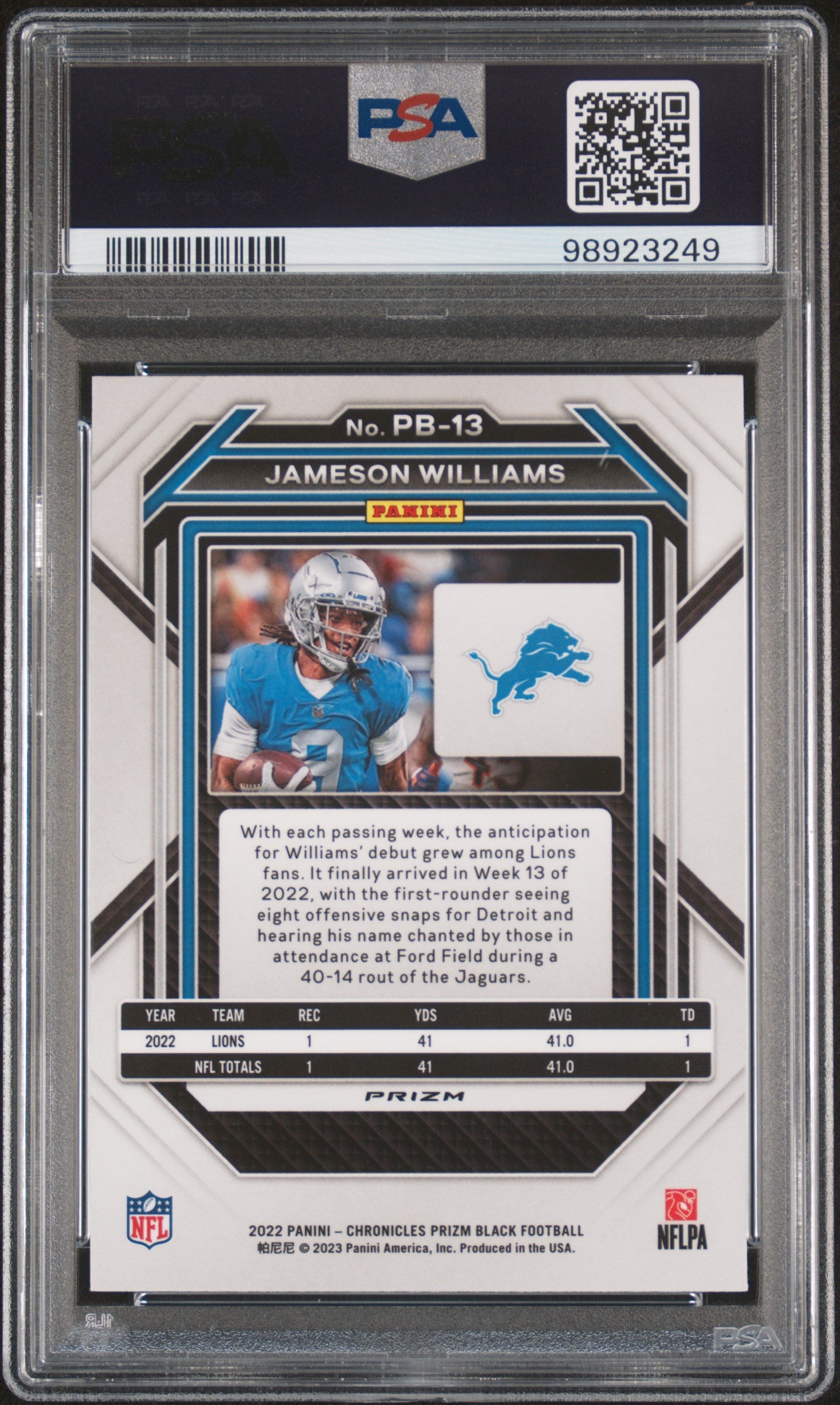 2022 Panini  Prizm Black #PB13 Jameson Williams Prizm Black-Silver PSA 9