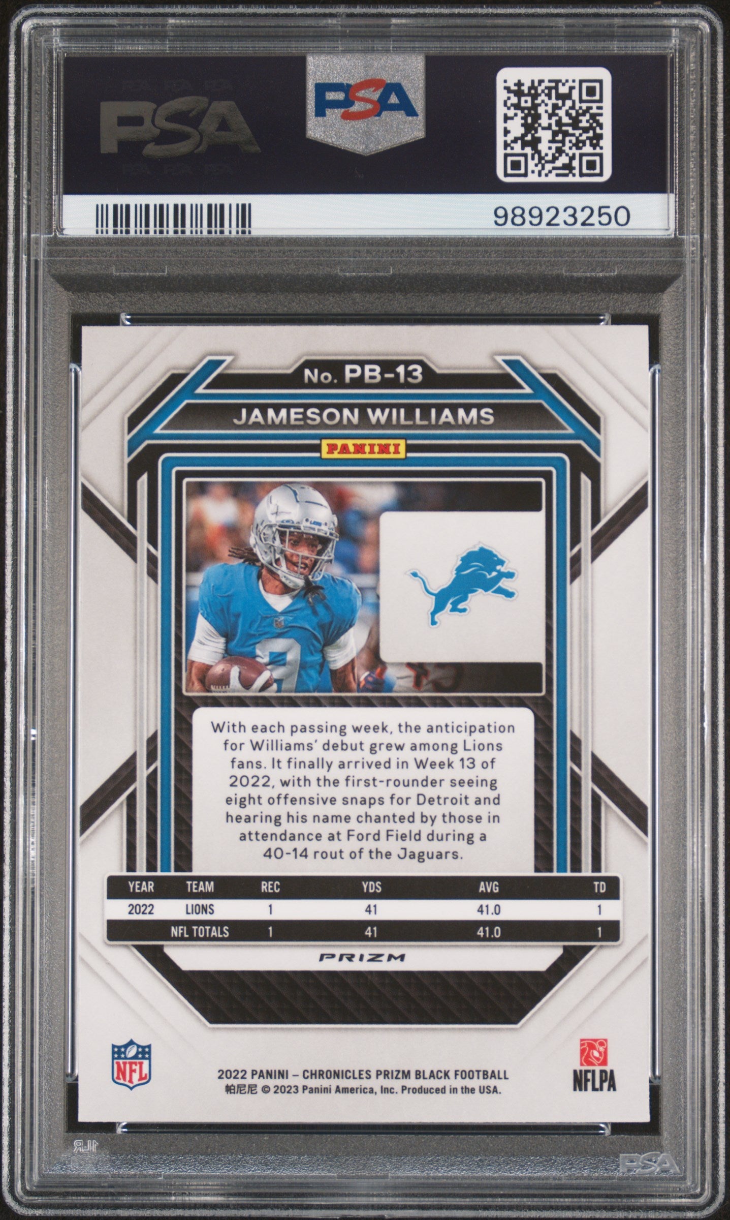 2022 Panini Prizm Black #PB13 Jameson Williams Prizm Black-Silver PSA 9