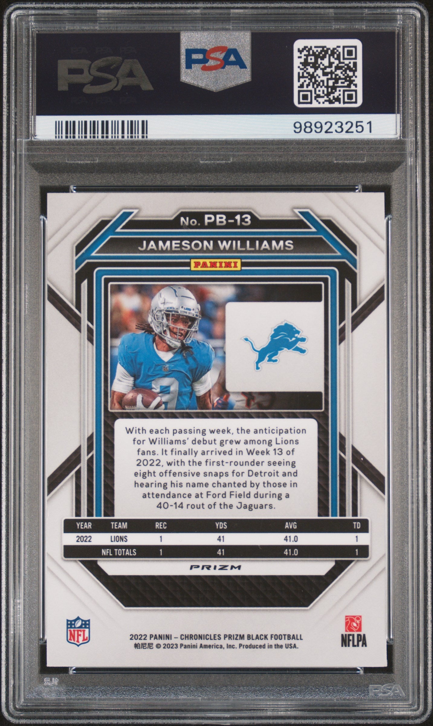 2022 Panini Prizm Black #PB13 Jameson Williams Prizm Black-Silver PSA 9