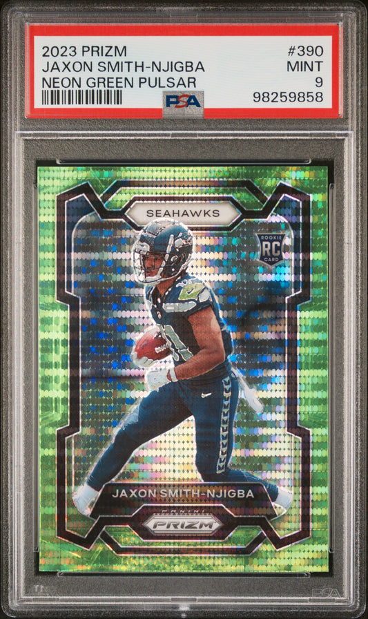 2023 Panini Prizm #390 Jaxon Smith-Njigba Neon Green Pulsar PSA 9