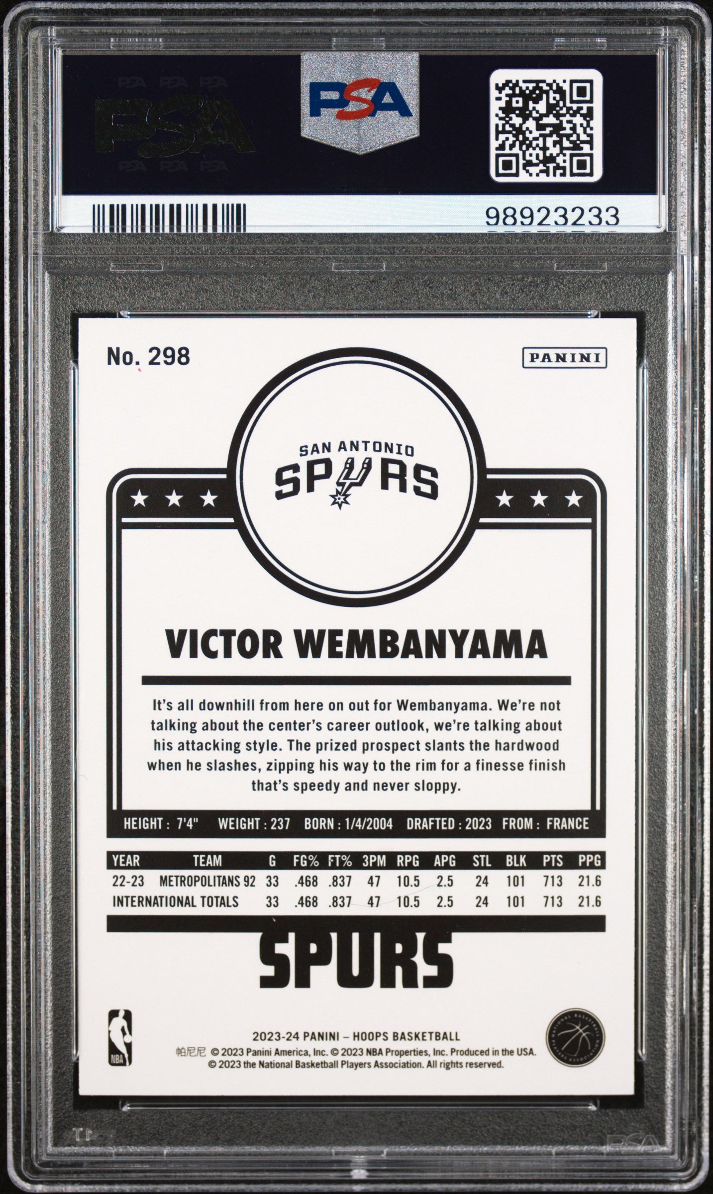 2023 Panini NBA Hoops #298 Victor Wembanyama Winter PSA 9