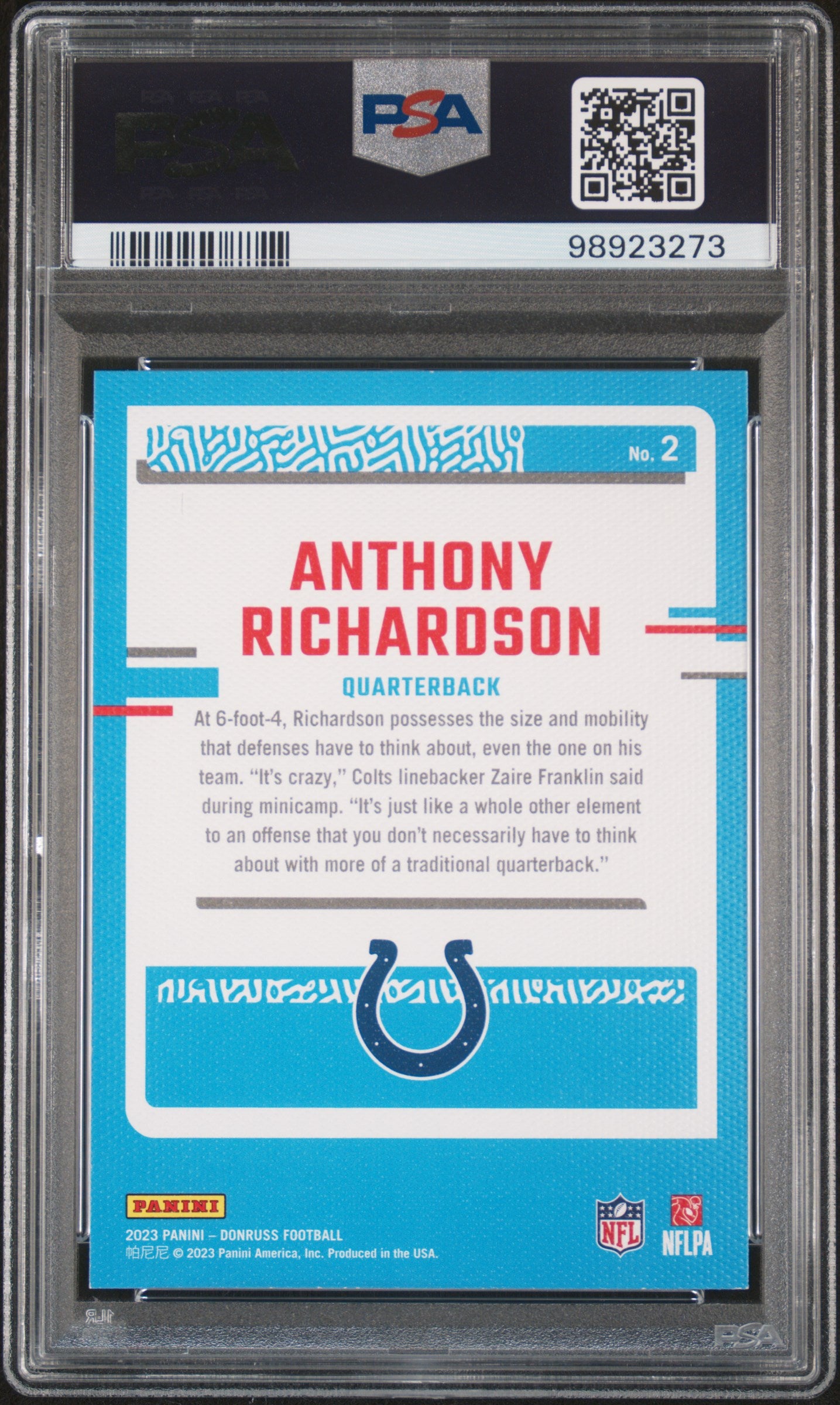 2023 Panini Donruss Rated Rookies Portrait #2 Anthony Richardson PSA 9