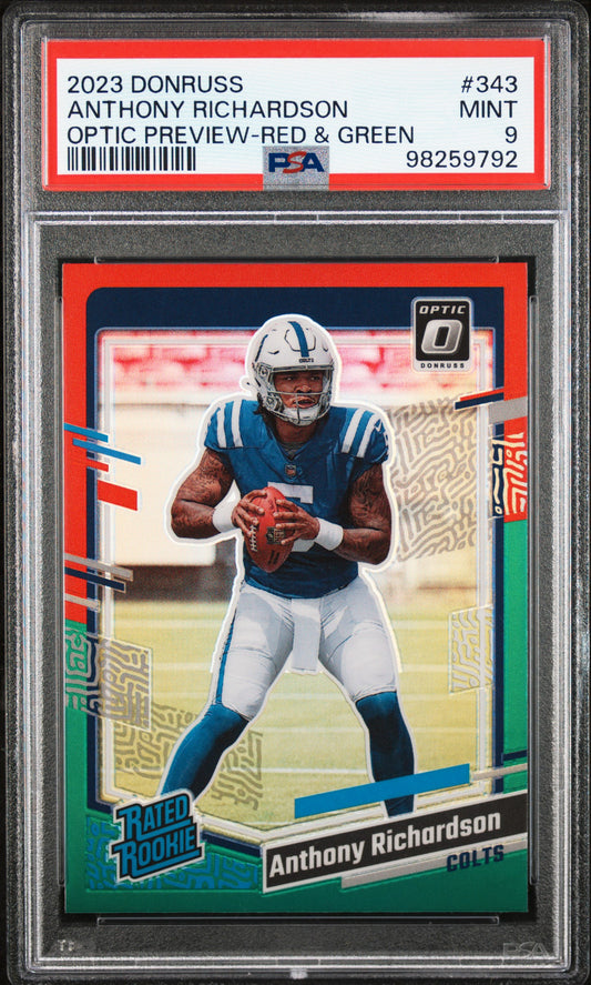 2023 Panini Donruss #343 Anthony Richardson Optic Preview-Red & Green PSA 9
