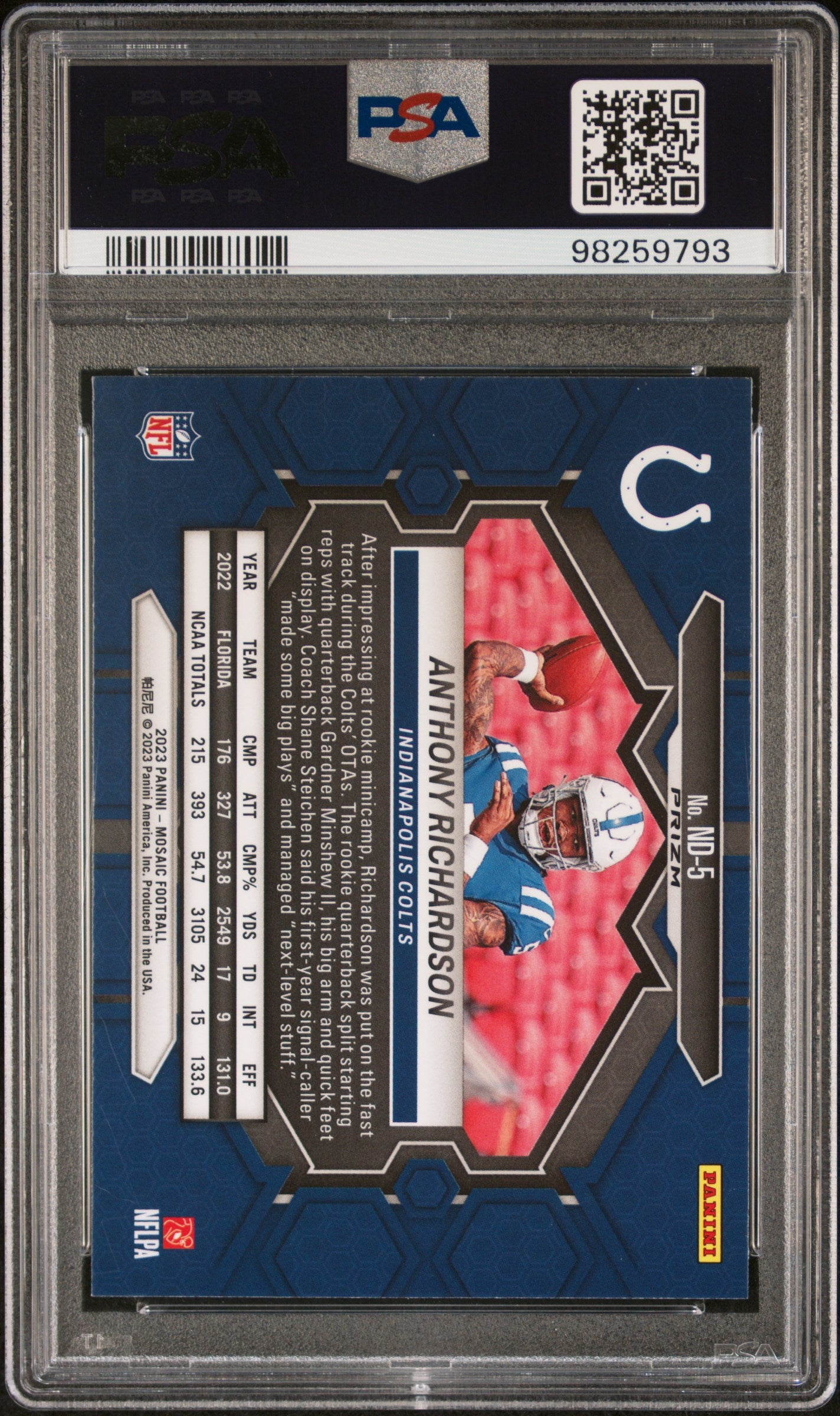 2023 Panini Mosaic Nfl Debut #ND5 Anthony Richardson Nfl Debut-Green PSA 8