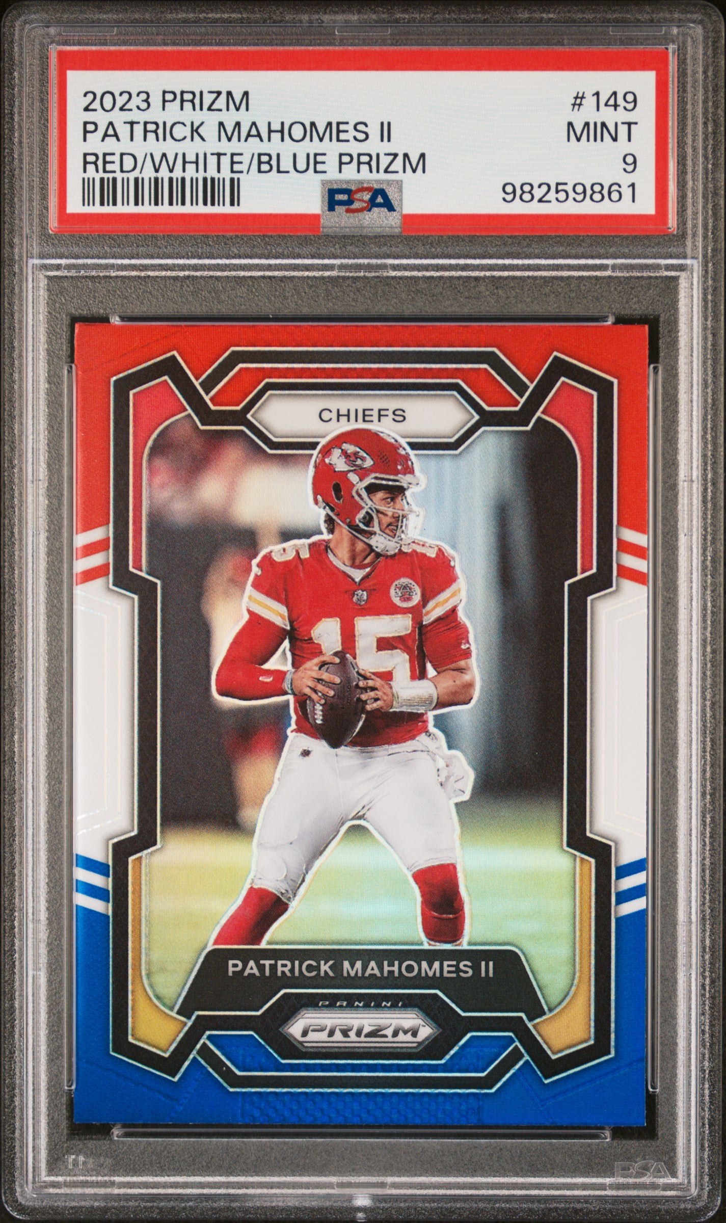 2023 Panini Prizm #149 Patrick Mahomes Ii Red/White/Blue Prizm PSA 9