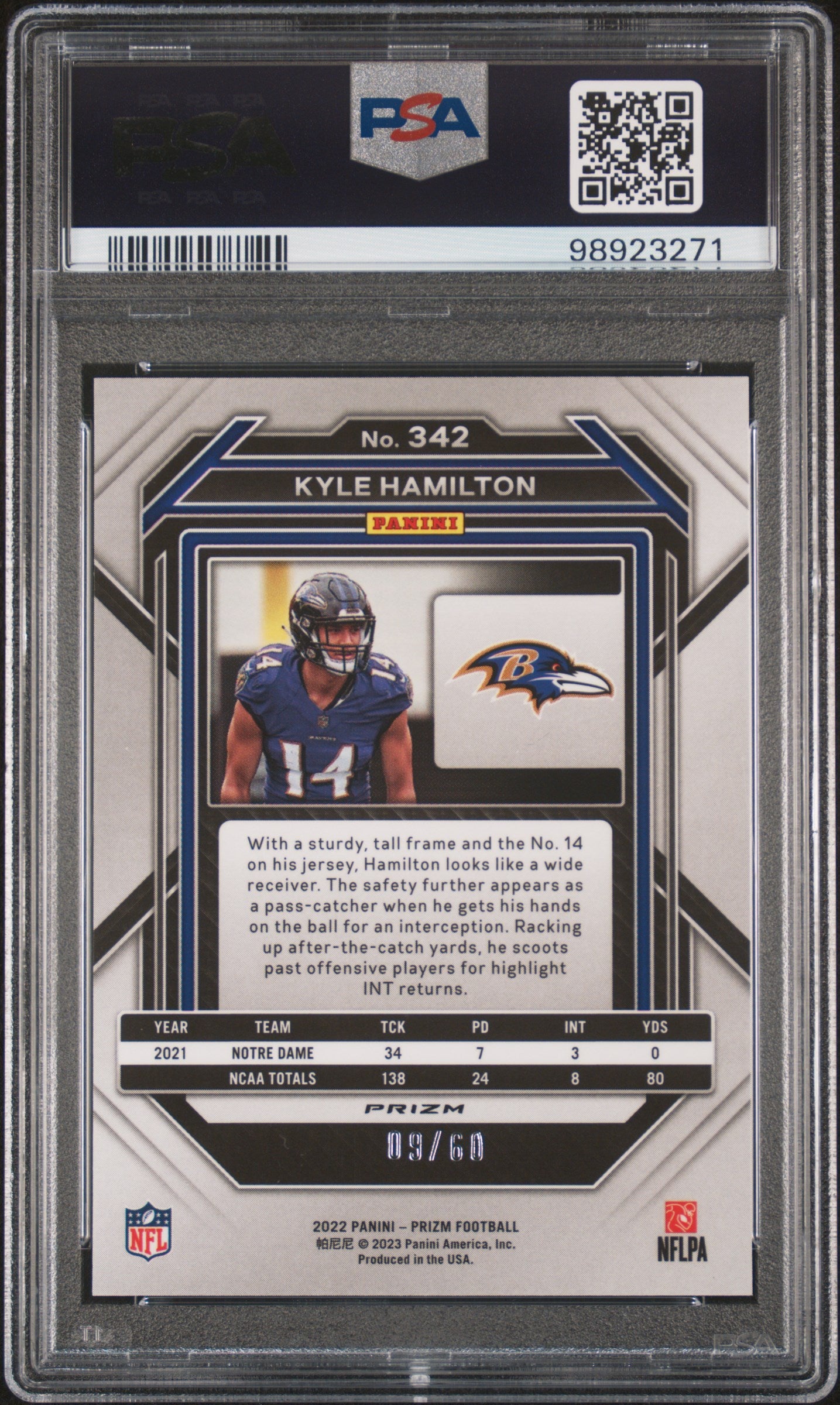 2022 Panini Prizm #342 Kyle Hamilton Orange Wave PSA 9