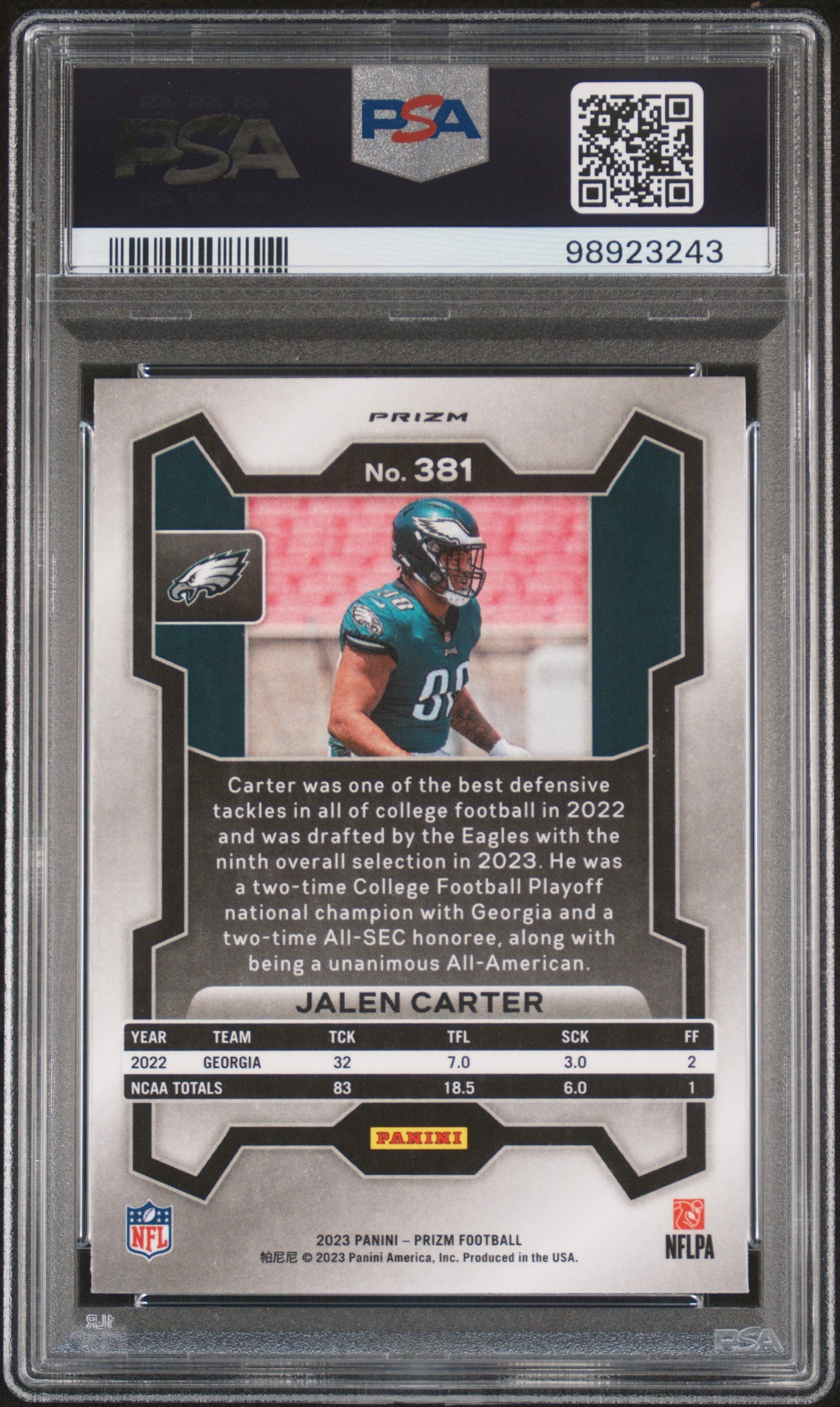 2023 Panini Prizm #381 Jalen Carter Green Wave PSA 10