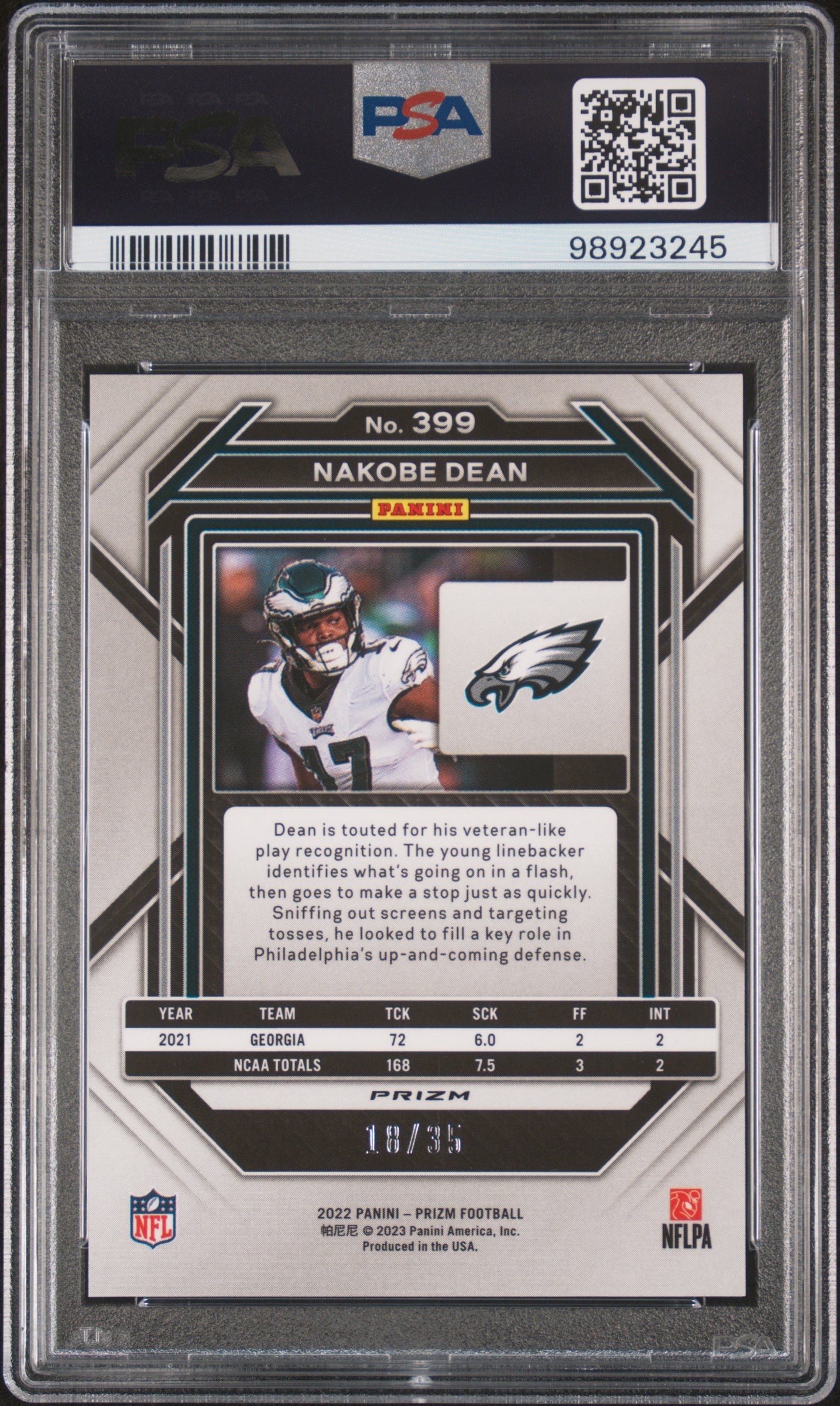 2022 Panini Prizm #399 Nakobe Dean Red Shimmer PSA 9