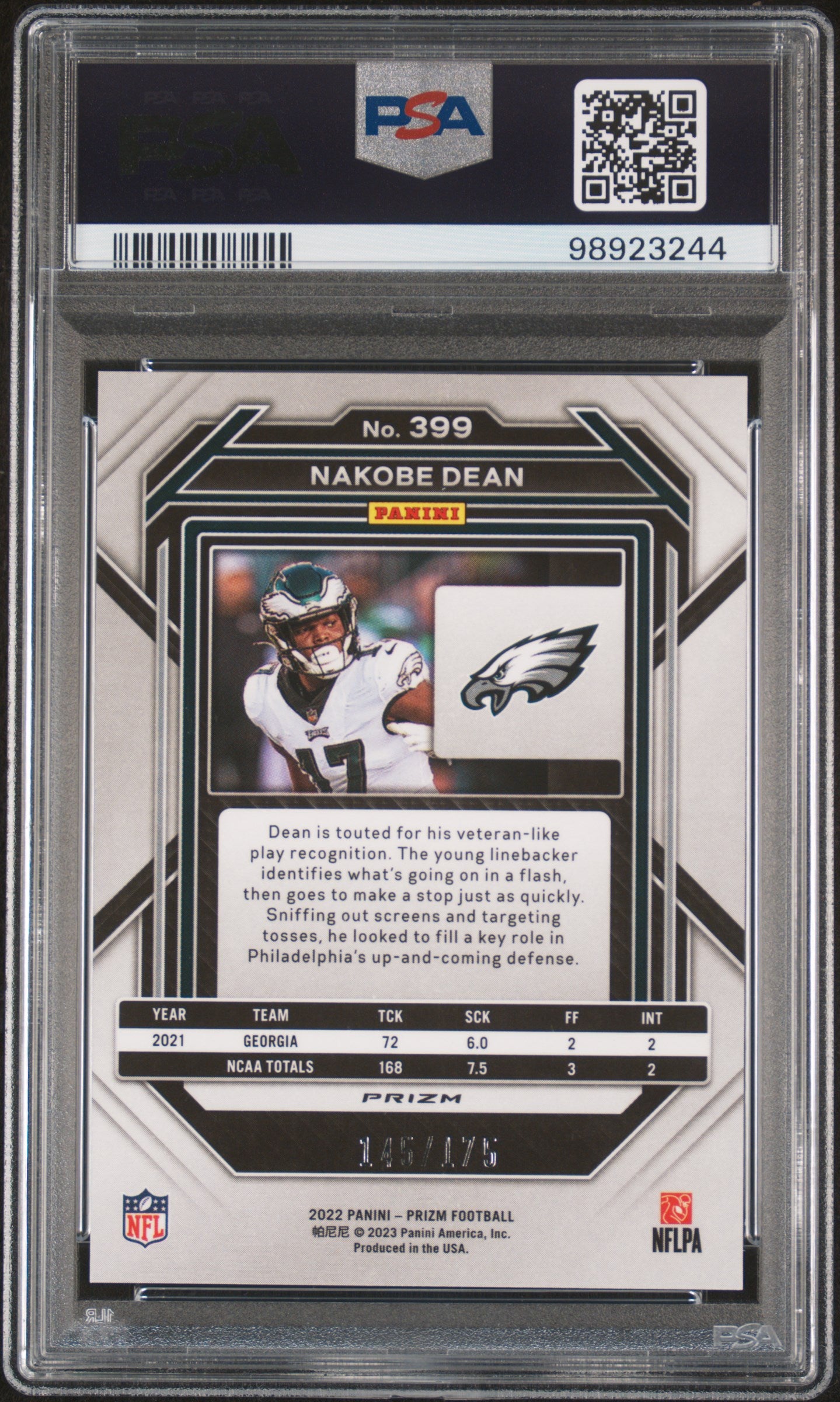 2022 Panini Prizm #399 Nakobe Dean Hyper Prizm PSA 9