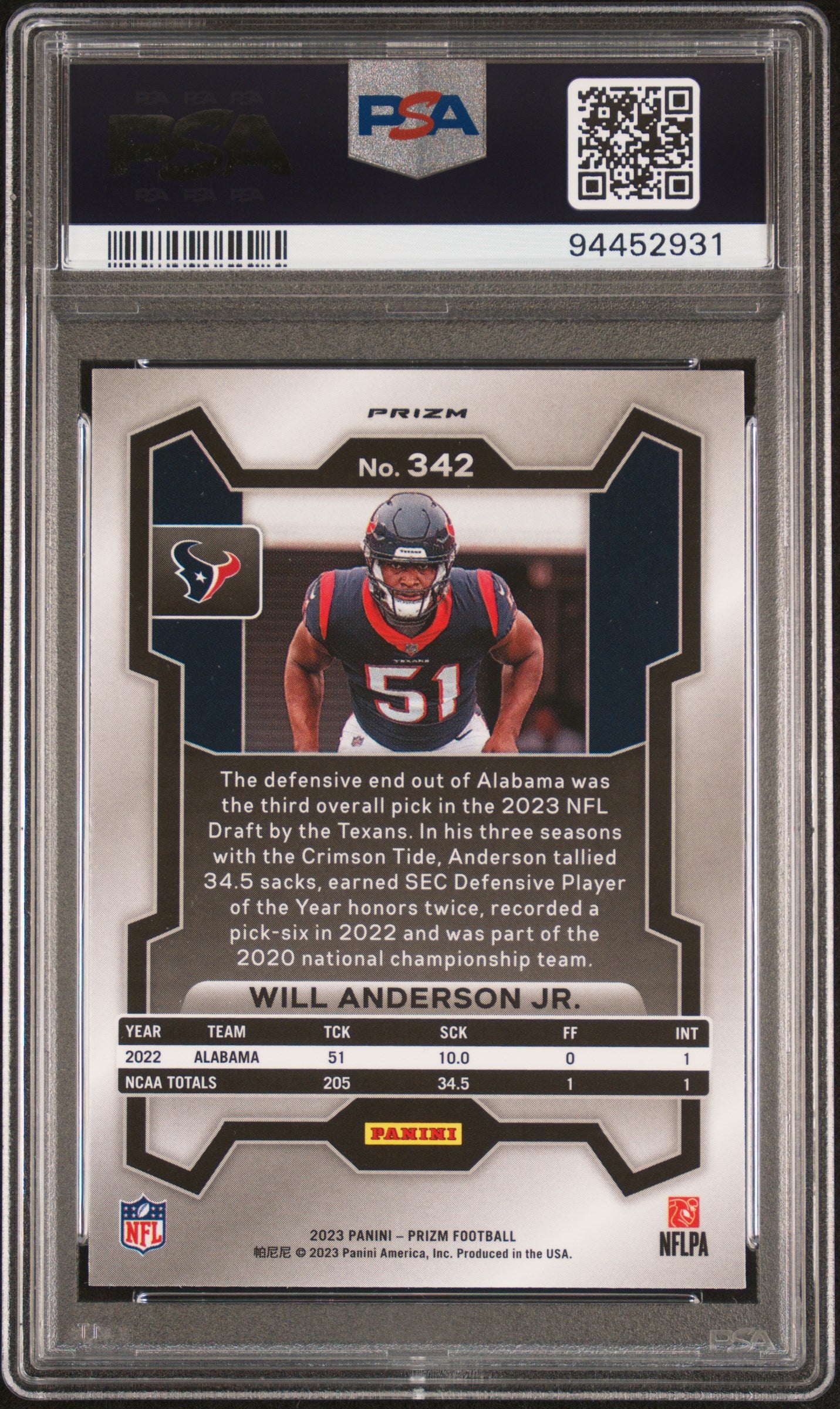 2023 Panini Prizm #342 Will Anderson Jr. No Huddle PSA 9