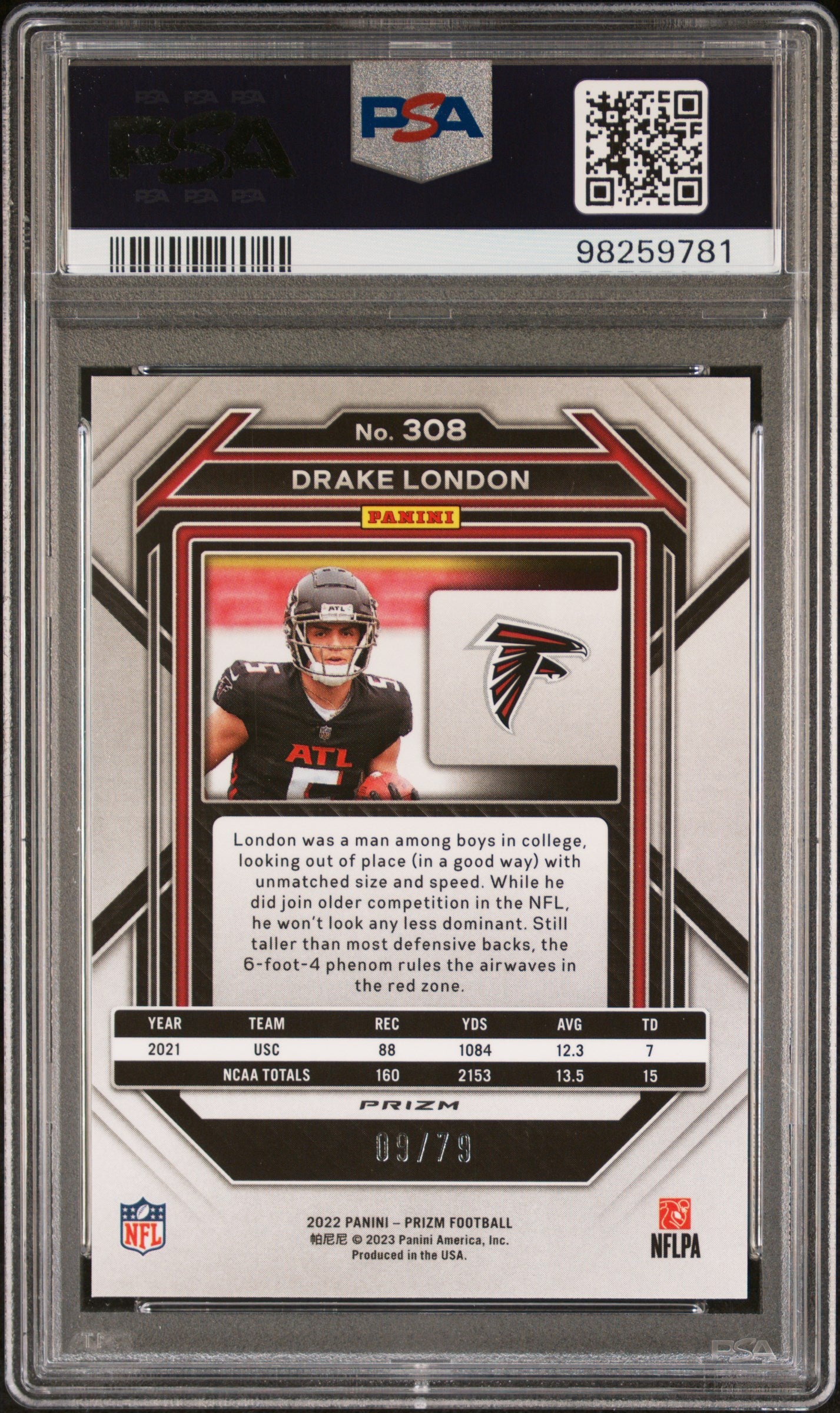 2022 Panini Prizm #308 Drake London No Huddle Blue PSA 10