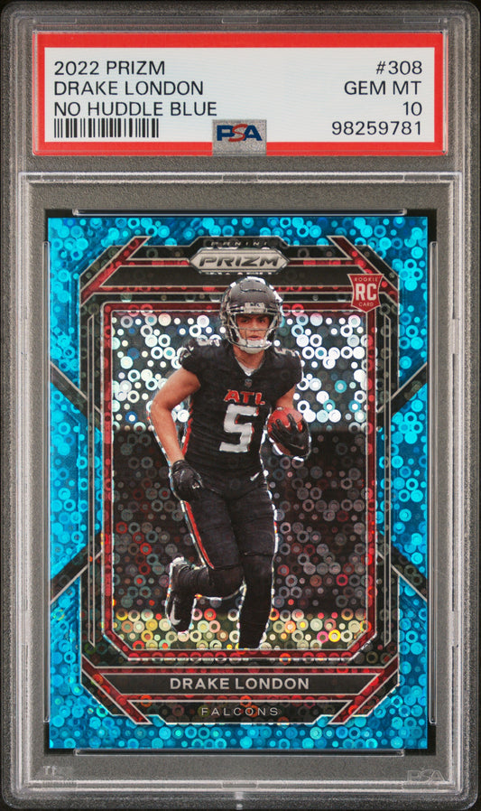 2022 Panini Prizm #308 Drake London No Huddle Blue PSA 10
