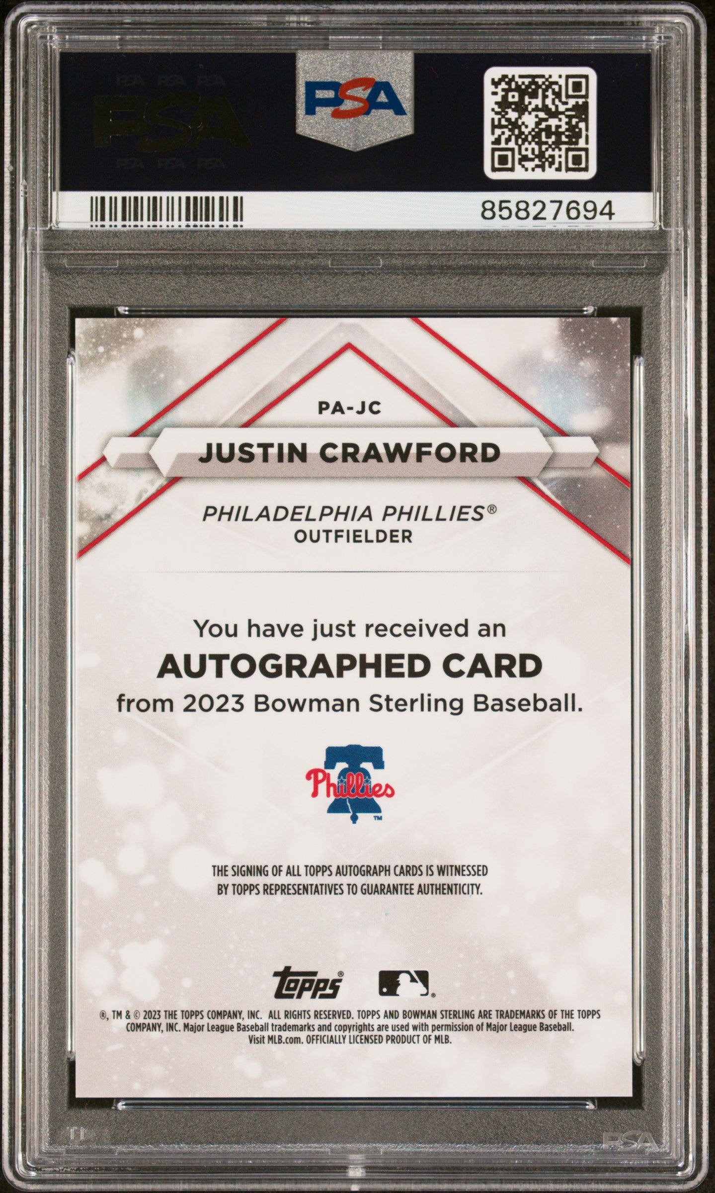 2023 Bowman Sterling Prospect Autographs #PAJC Justin Crawford-Blue/25 PSA 10