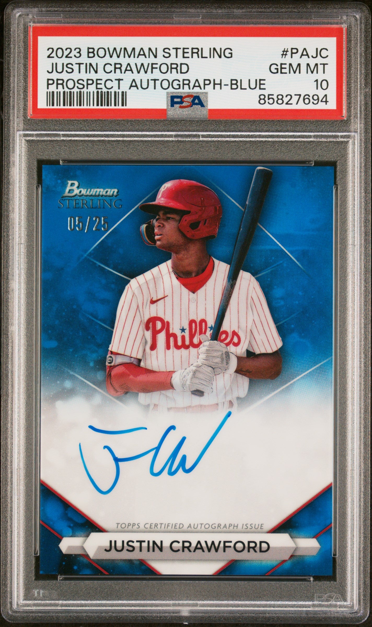 2023 Bowman Sterling Prospect Autographs #PAJC Justin Crawford-Blue/25 PSA 10