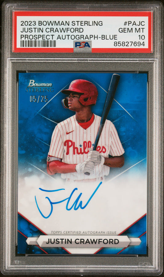 2023 Bowman Sterling Prospect Autographs #PAJC Justin Crawford-Blue/25 PSA 10