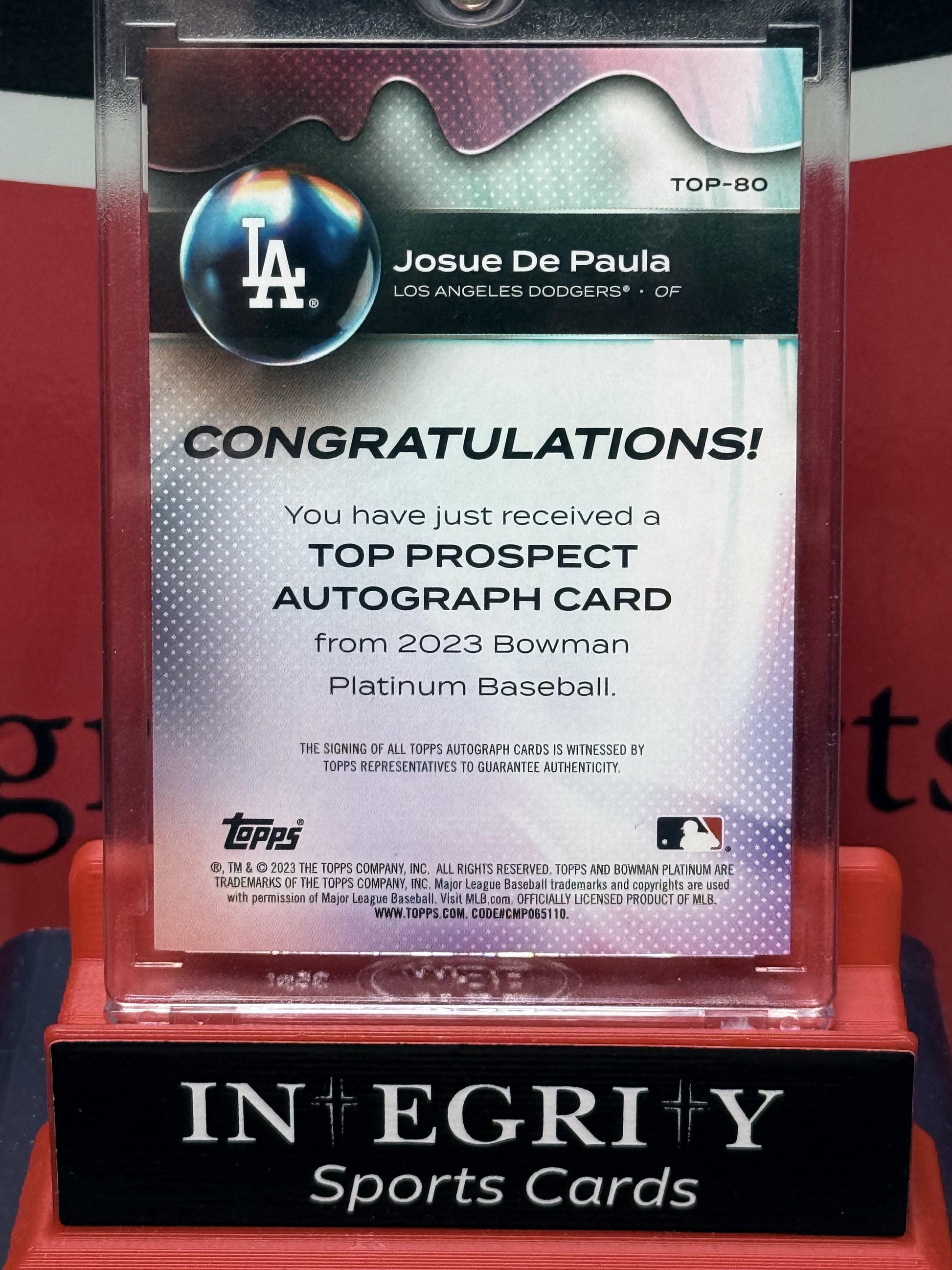 2023 Bowman Platinum #TOP-80 Josue De Paula Top Prospects Autographs Pink #/199