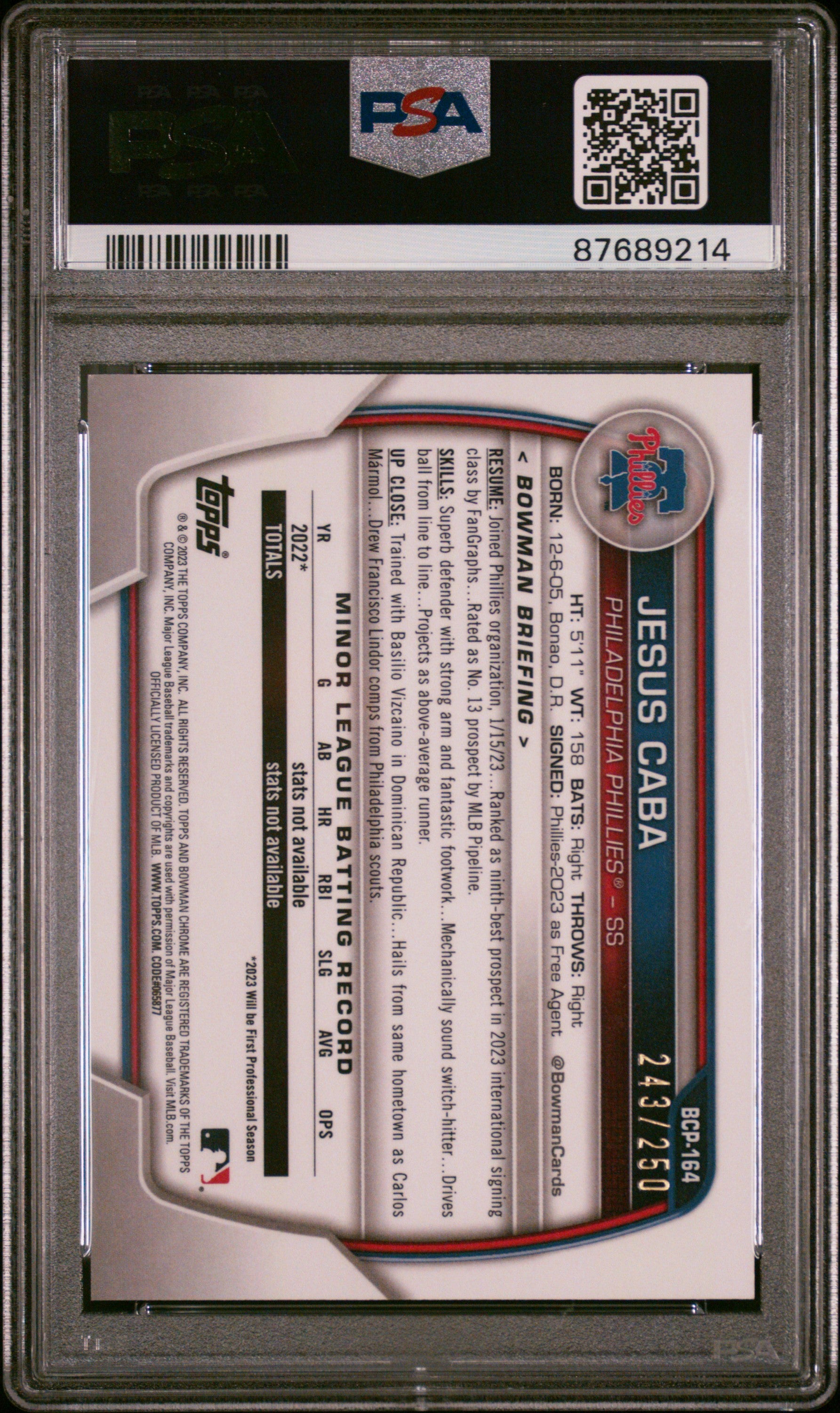 2023 Bowman Chrome Prospects #BCP164 Jesus Caba Purple Refractor/250 PSA 10