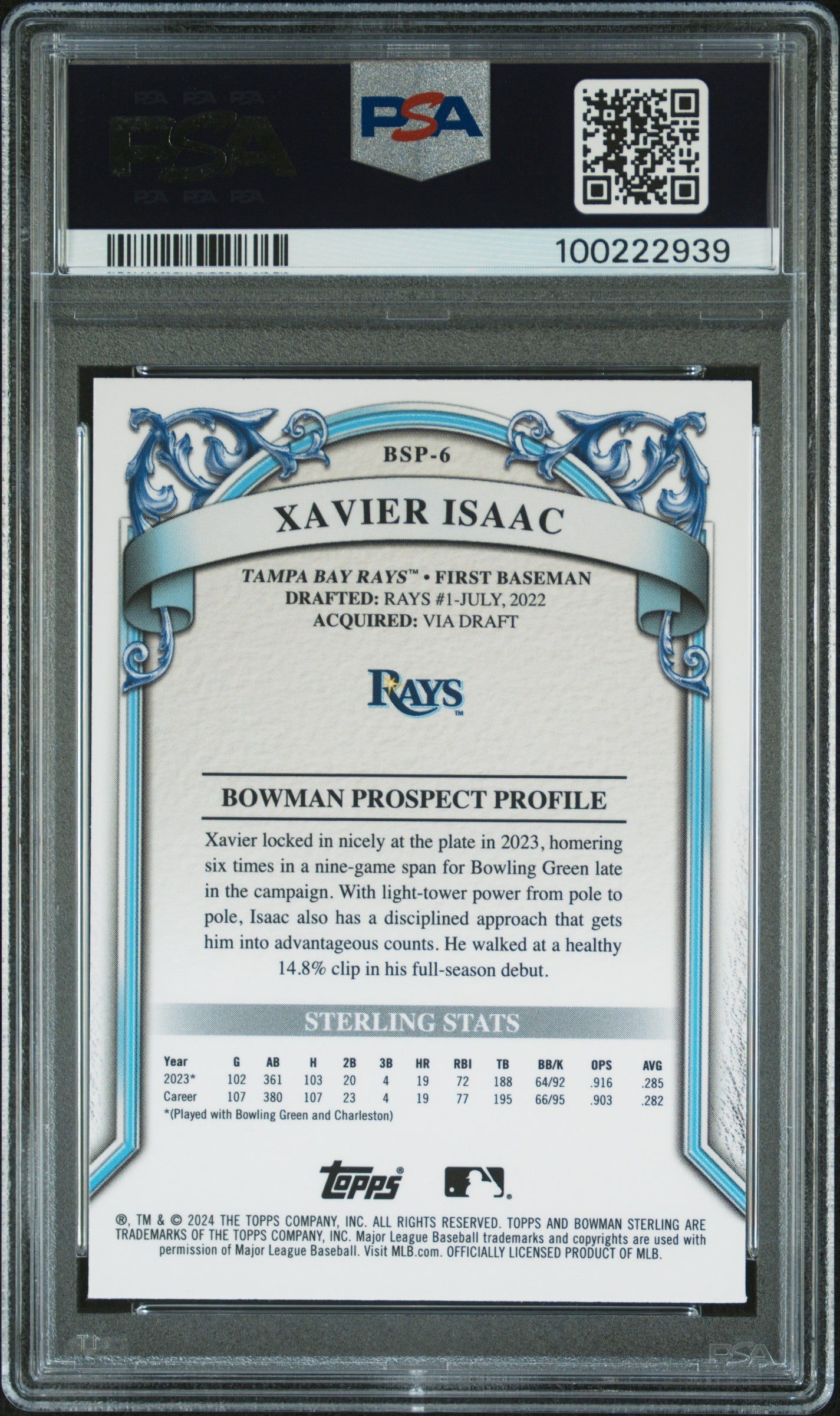 2024 Bowman Sterling #BSP6 Xavier Isaac Silver Ref/100 PSA 9