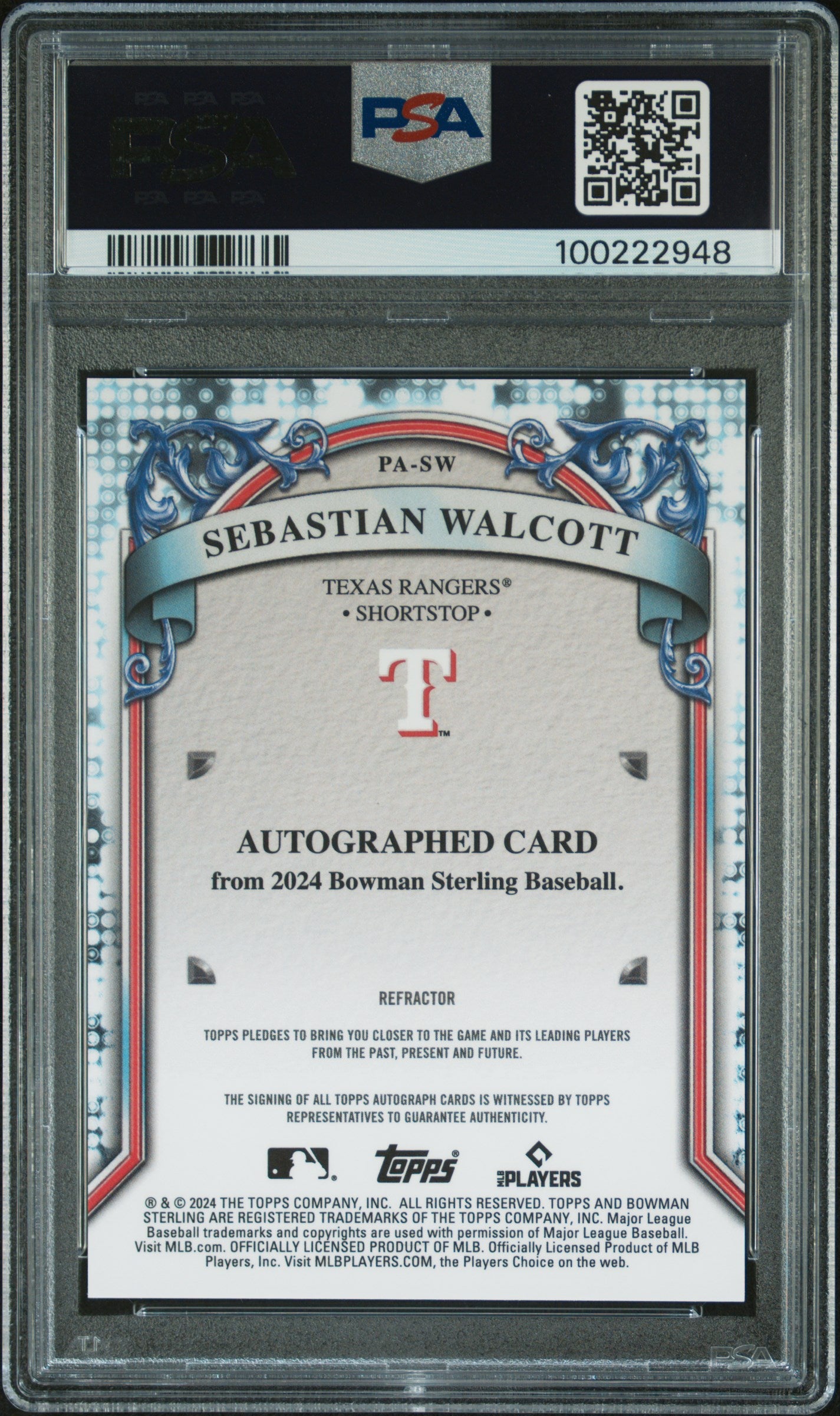 2024 Bowman Sterling  #PASW Sebastian Walcott Prospect Auto-Refractor/150 PSA 9