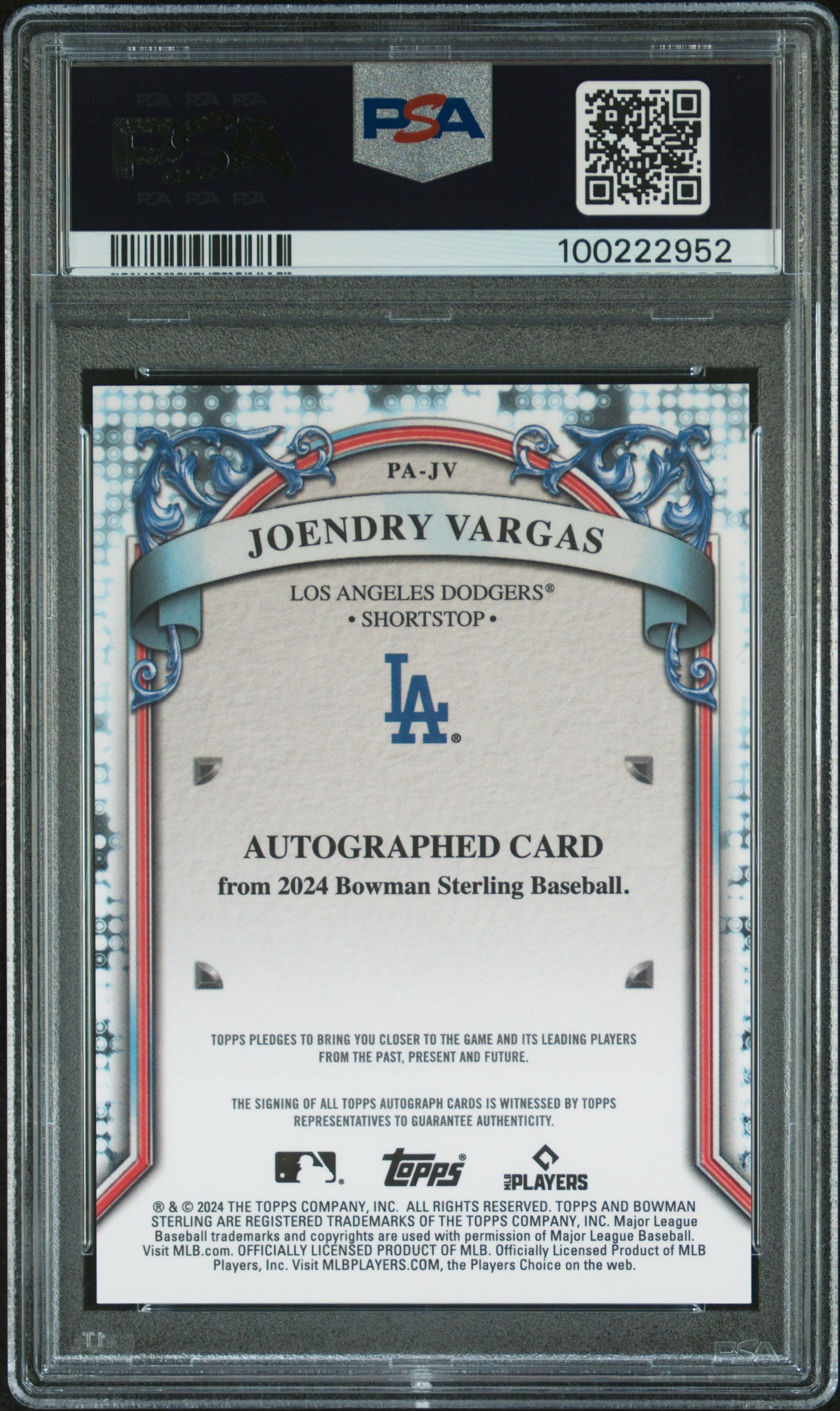 2024 Bowman Sterling Autographs #PAJV Joendry Vargas Au-Rose Gold Ref/15 PSA 10