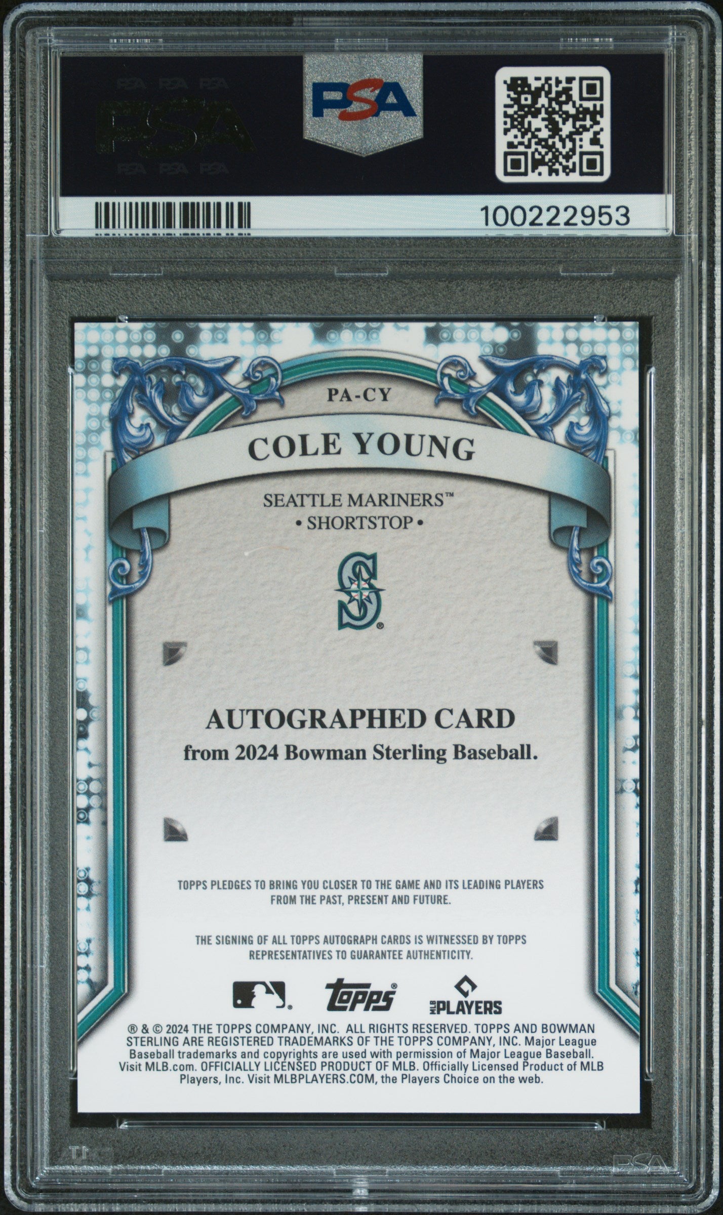 2024 Bowman Sterling Autographs #PACY Cole Young Au-Rose Gold Ref/15 PSA 9
