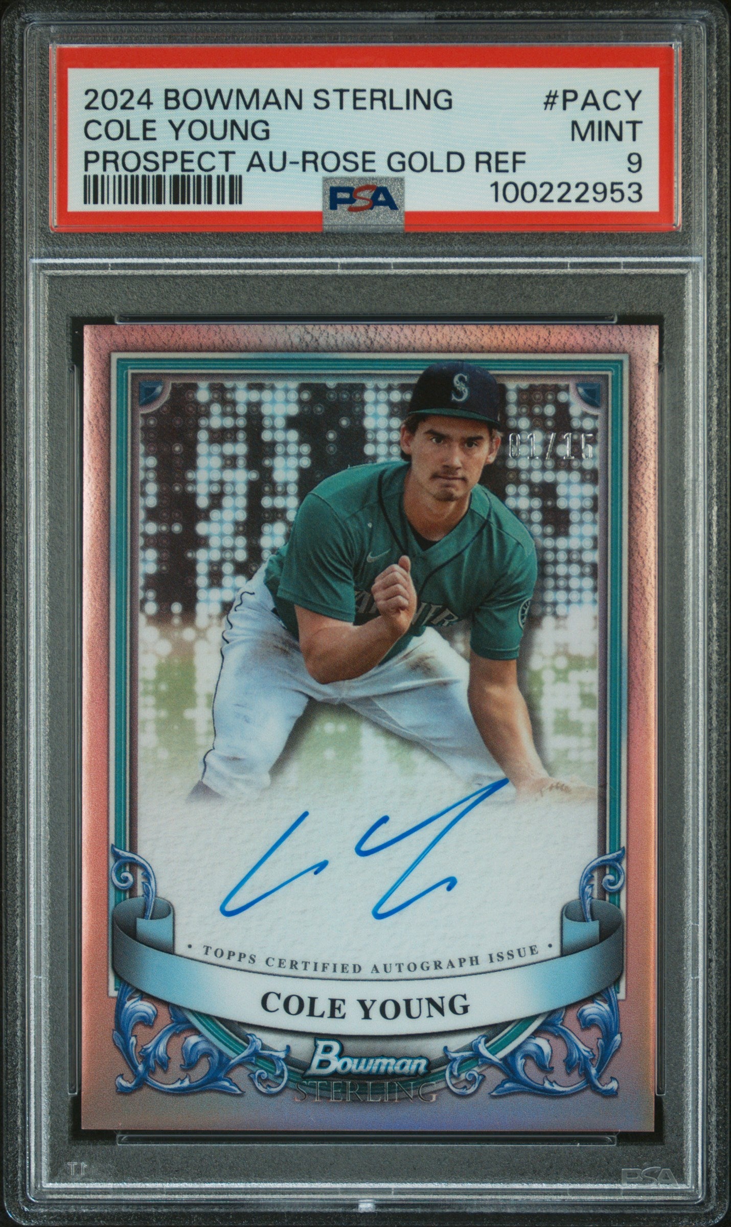 2024 Bowman Sterling Autographs #PACY Cole Young Au-Rose Gold Ref/15 PSA 9