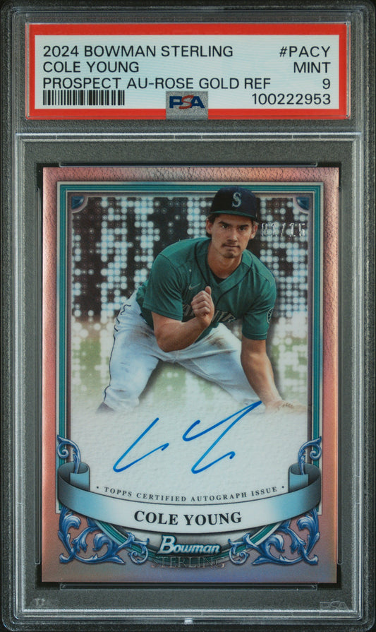 2024 Bowman Sterling Autographs #PACY Cole Young Au-Rose Gold Ref/15 PSA 9