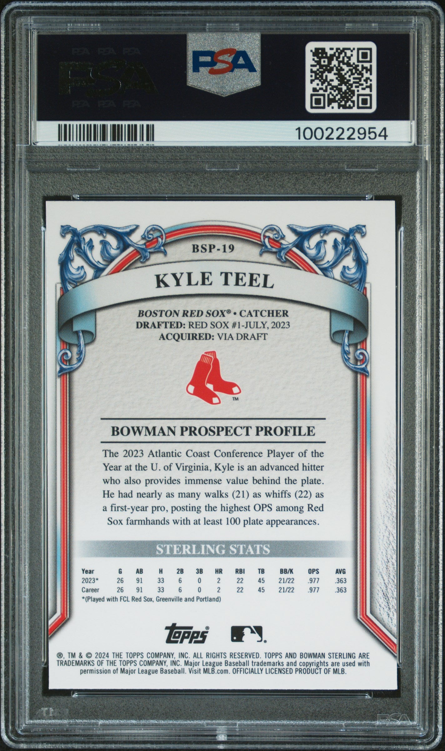 2024 Bowman Sterling Prospects #BSP19 Kyle Teel Prospect-Blue Refractor PSA 10