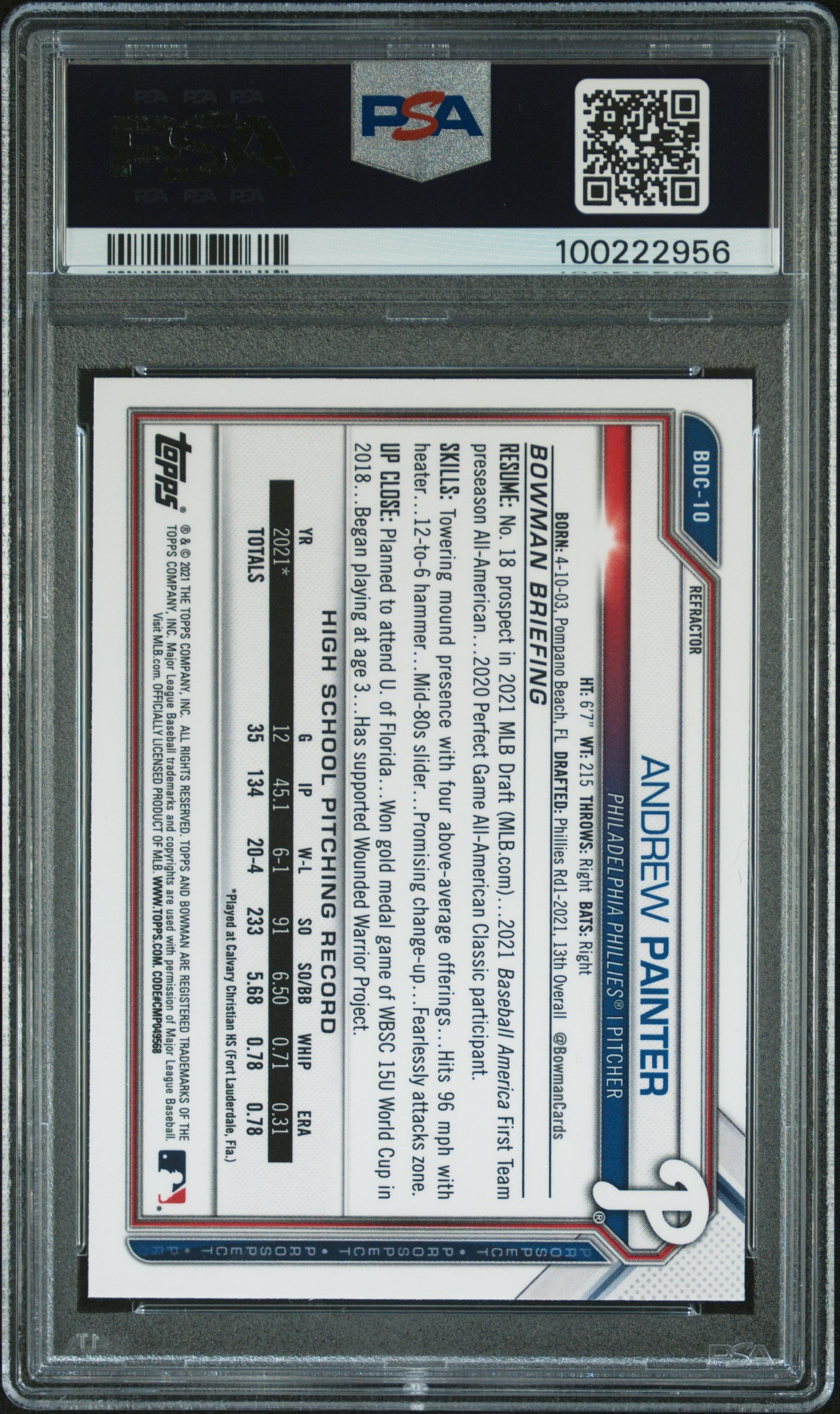 2021 Bowman Draft #BDC10 Andrew Painter Chrome-Refractor PSA 9