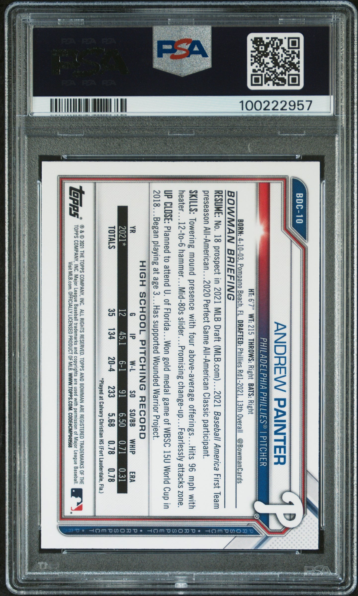2021 Bowman Draft #BDC10 Andrew Painter Chrome PSA 9