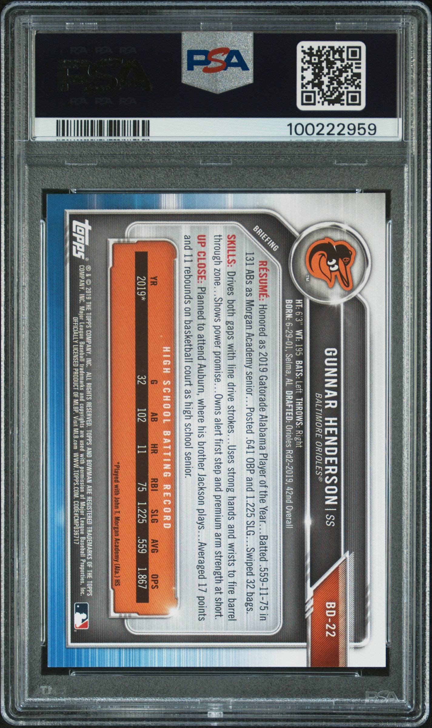 2019 Bowman Draft #BD22 Gunnar Henderson PSA 10