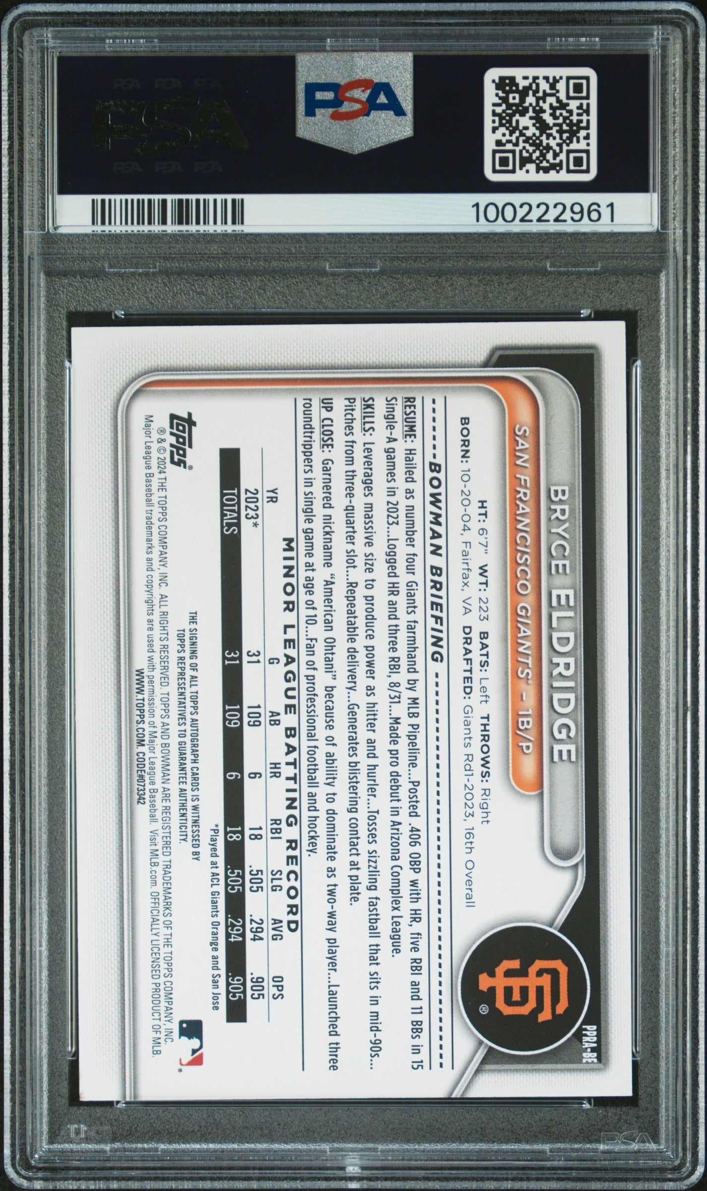 2024 Bowman Paper Prospect Autographs #BE Bryce Eldridge PSA 8
