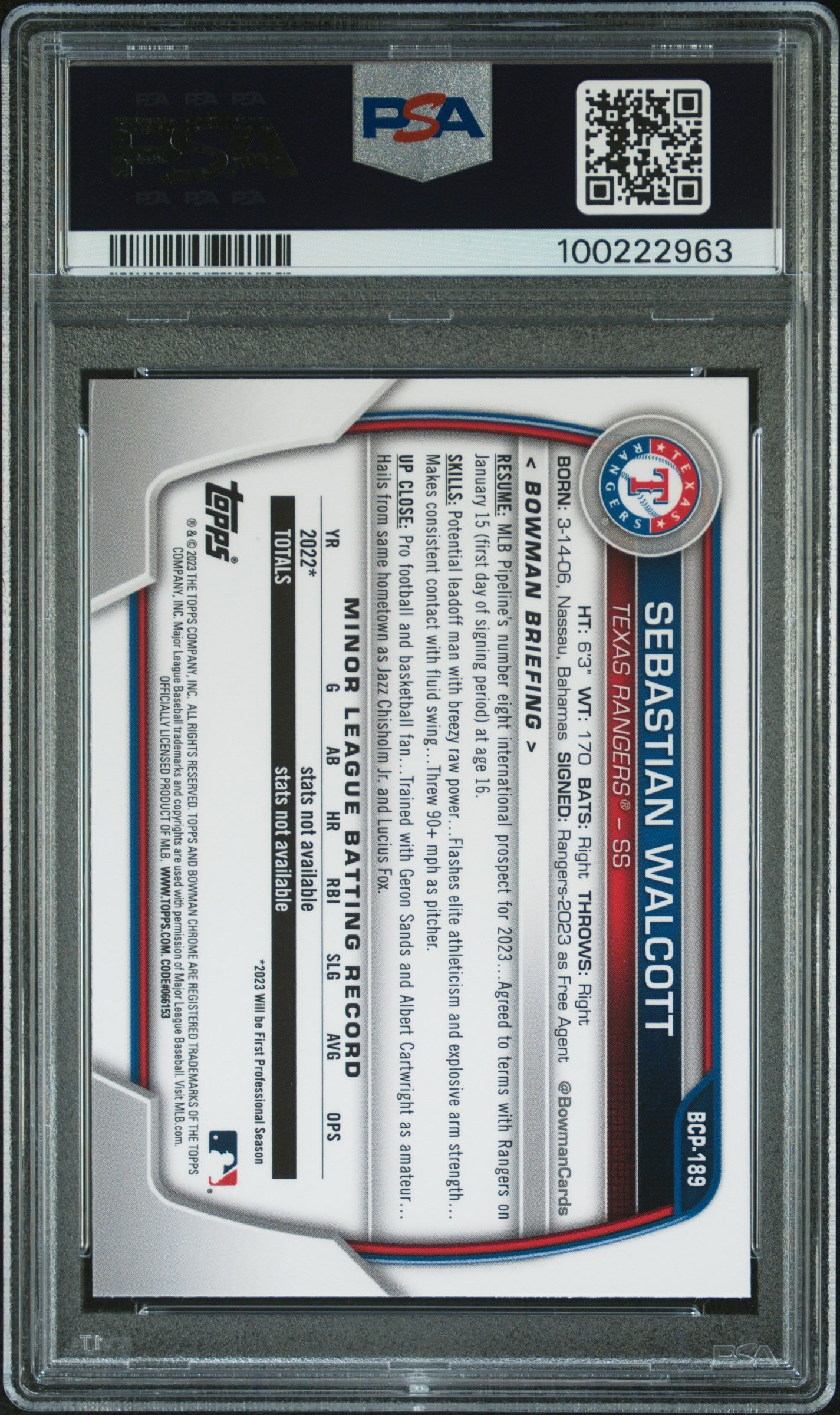 2023 Bowman Chrome Sapphire Edition Prospects #189 Sebastian Walcott PSA 9